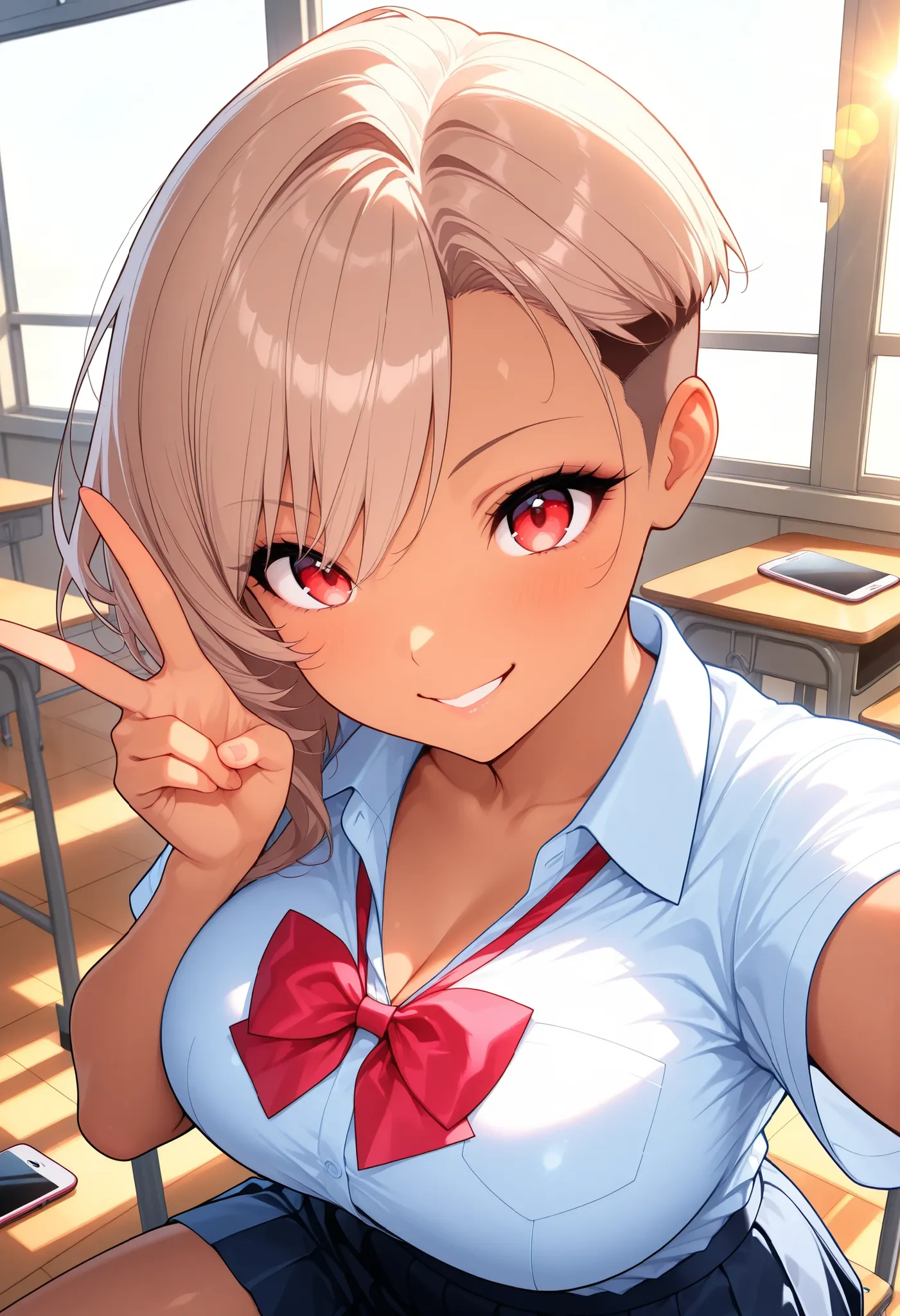  is so lovelyな女子校生, shirt,  bow tie, 1 female, Smartphone Selfies,  Devilish Beauty , effectively expressing sunlight in a bustling pool, lens flare, (Mirai Edosaki, light brown hair, undercut, asymmetrical hair, red eyes, brown skinned), schools, Classroo...