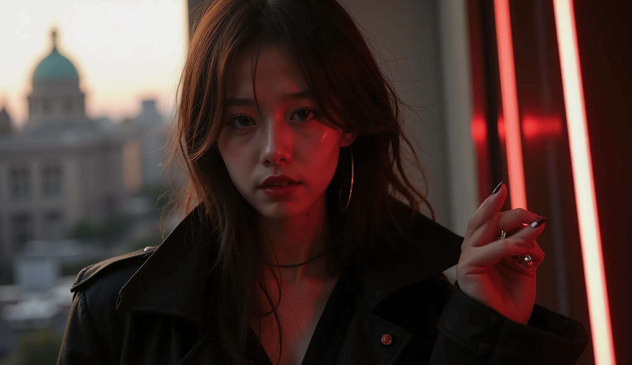 ” There is a hint of laughter in the corners of the mouth，collar slightly vertical。With a concise yet personal，showing a confident and detached posture，The flowing lines of the windbreaker enhance the dynamics。The dark red of a red wine glass corresponds t...