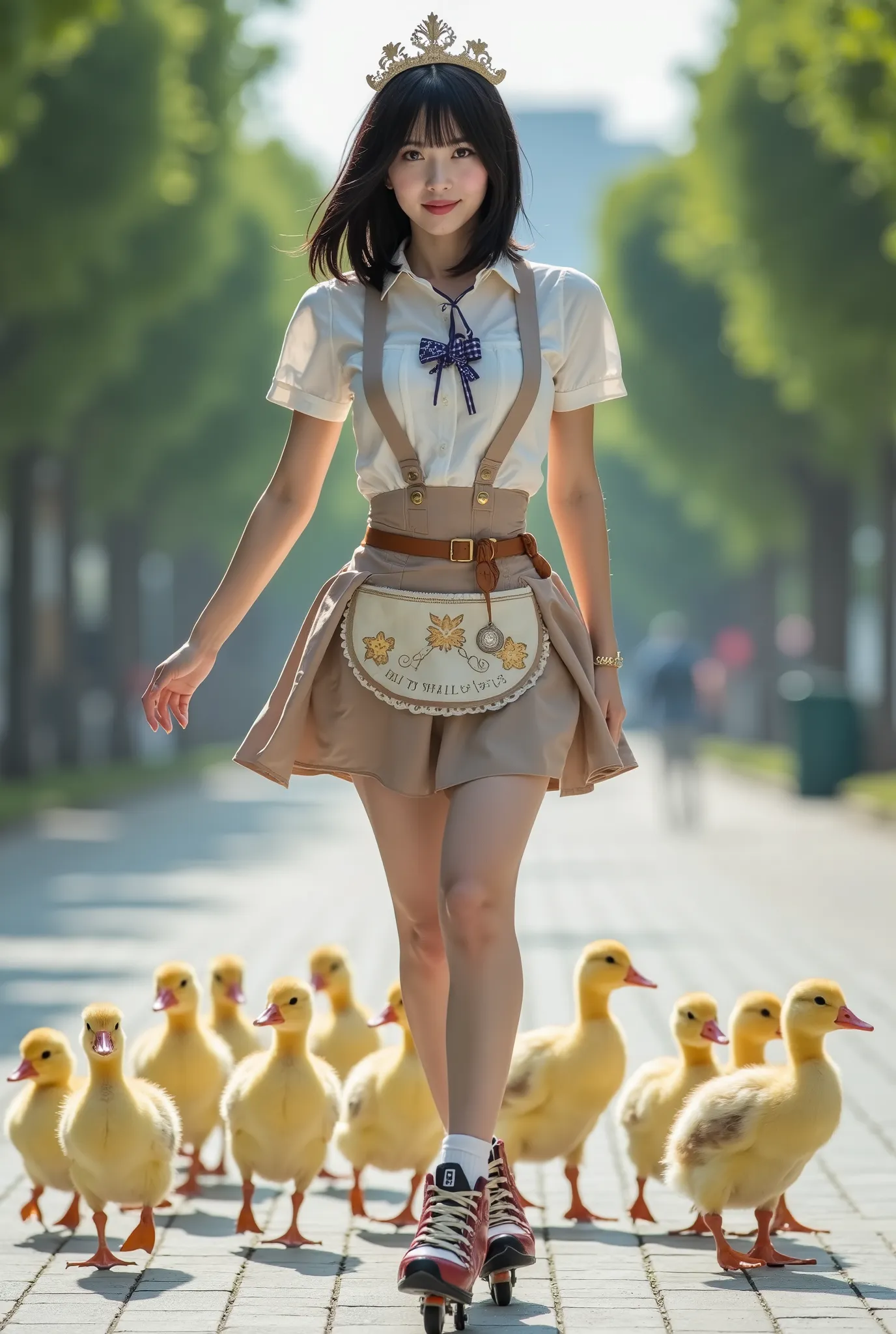 Create a stunning snapshot of a beautiful Japanese singer with a slender figure, medium bust, and thin legs. She has medium-length hair and is dressed in a Western-themed waitress outfit featuring a skirt with a small apron design, while roller skating. Th...