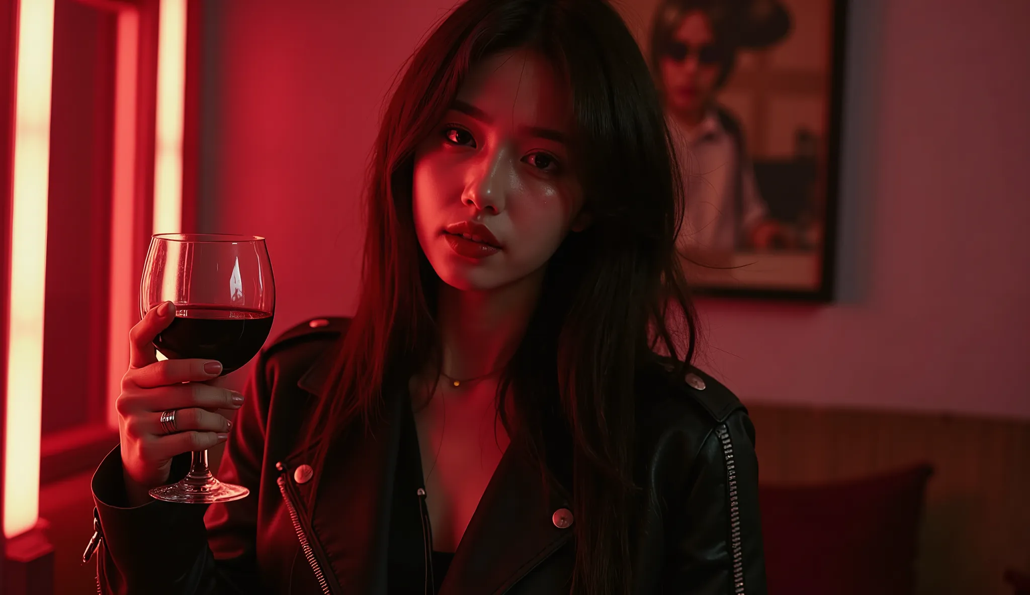 ” There is a hint of laughter in the corners of the mouth，collar slightly vertical。With a concise yet personal，showing a confident and detached posture，The flowing lines of the windbreaker enhance the dynamics。The dark red of a red wine glass corresponds t...