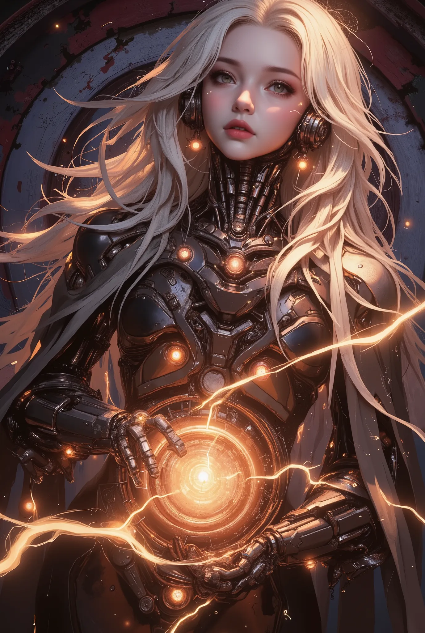 Abstract style mysterious figure emerges from the depths of a swirling vortex, their body a fusion of mechanical parts and organic elements, eyes glow with an otherworldly intensity, while tendrils of electricity dance around them, dark, ethereal, and full...