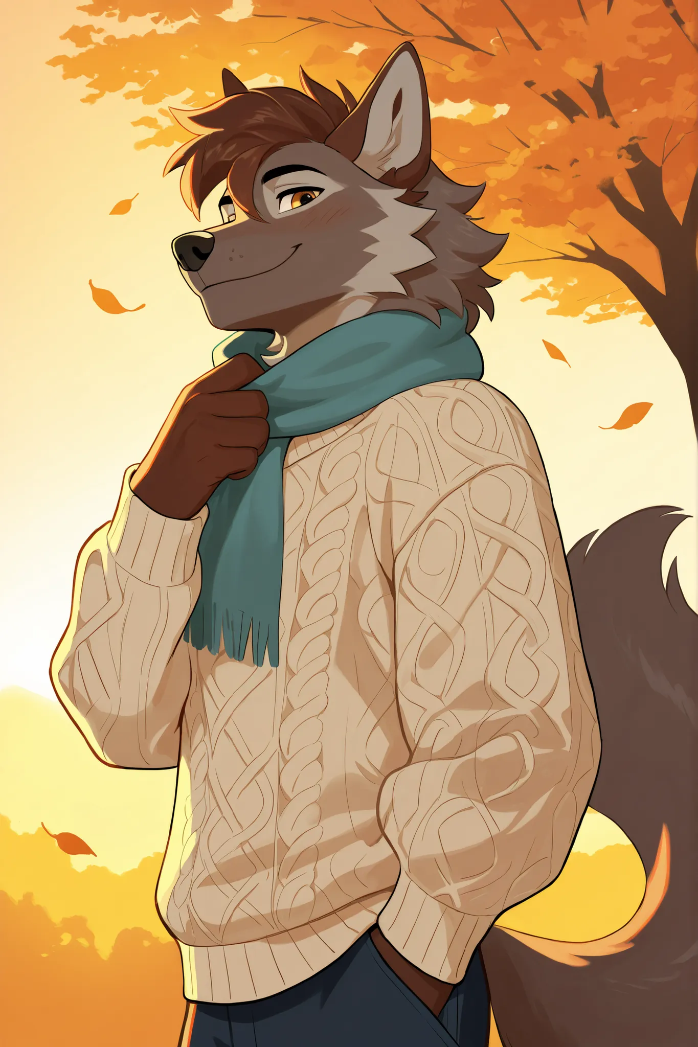 solo, 1boy, A small, slim male wolf furry character, around 20 years old, standing gently at sunset in an autumn park. His fur is a rich dark brown with soft white patterns accenting his face, chest, and tail tip. He has slightly long, tousled hair that fr...