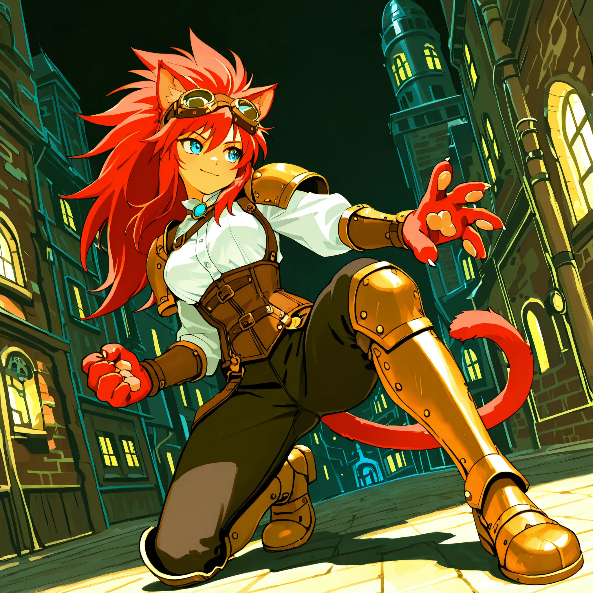 ((solo:5.5)), best quality, masterpiece, 2d, intricate details, anime, anime style, full body picture, ((three-quarter angle)), catgirl, 1girl, red hair, spiked hair, blue eyes, enchanting eyes, wild hair, long hair, small smile, animal ears, red ears, red...