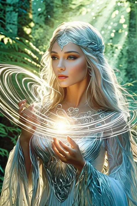(best quality,4k,8 k,high definition,masterpiece:1.2), extra detailed, (realistic,photorealistic,photo-realistic:1.37), In the heart of the enchanted forest,  wrapped in the soft glow of moonlight ,  seeping through the striping above them ,  x} stands a f...