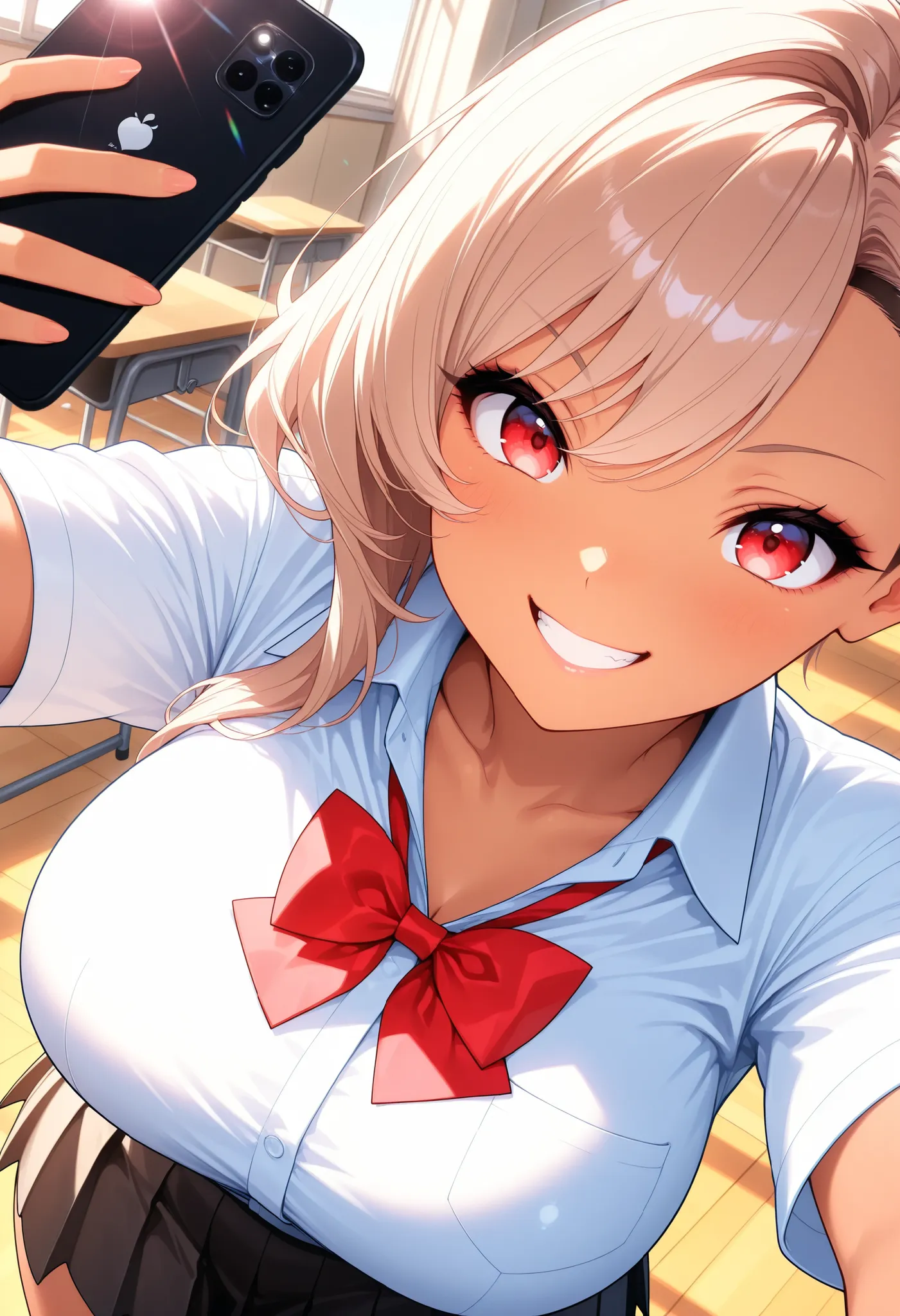  is so lovelyな女子校生, shirt,  bow tie, 1 female, Smartphone Selfies,  Devilish Beauty , effectively expressing sunlight in a bustling pool, lens flare, (Mirai Edosaki, light brown hair, undercut, asymmetrical hair, red eyes, brown skinned), schools, Classroo...
