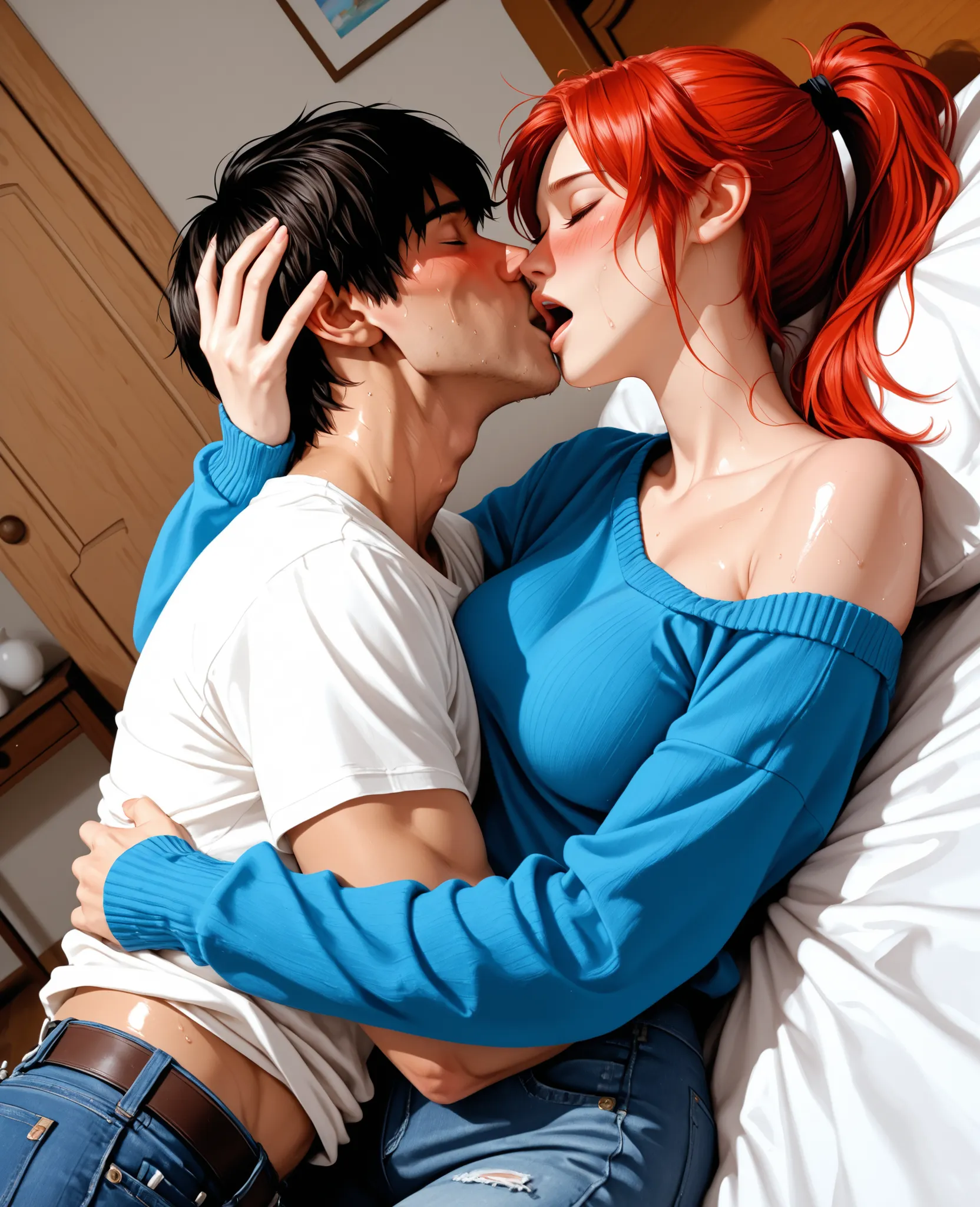 score_9, score_8_up, score_7_up, 1woman, solo, hair, closed eyes, white milky porcelain skin, white-skinned female, long red ponytail, lovely medium breasts, perfect body, white t shirt, blue sweater, messy clothes, exposed shoulder, jeans, sweat, female o...
