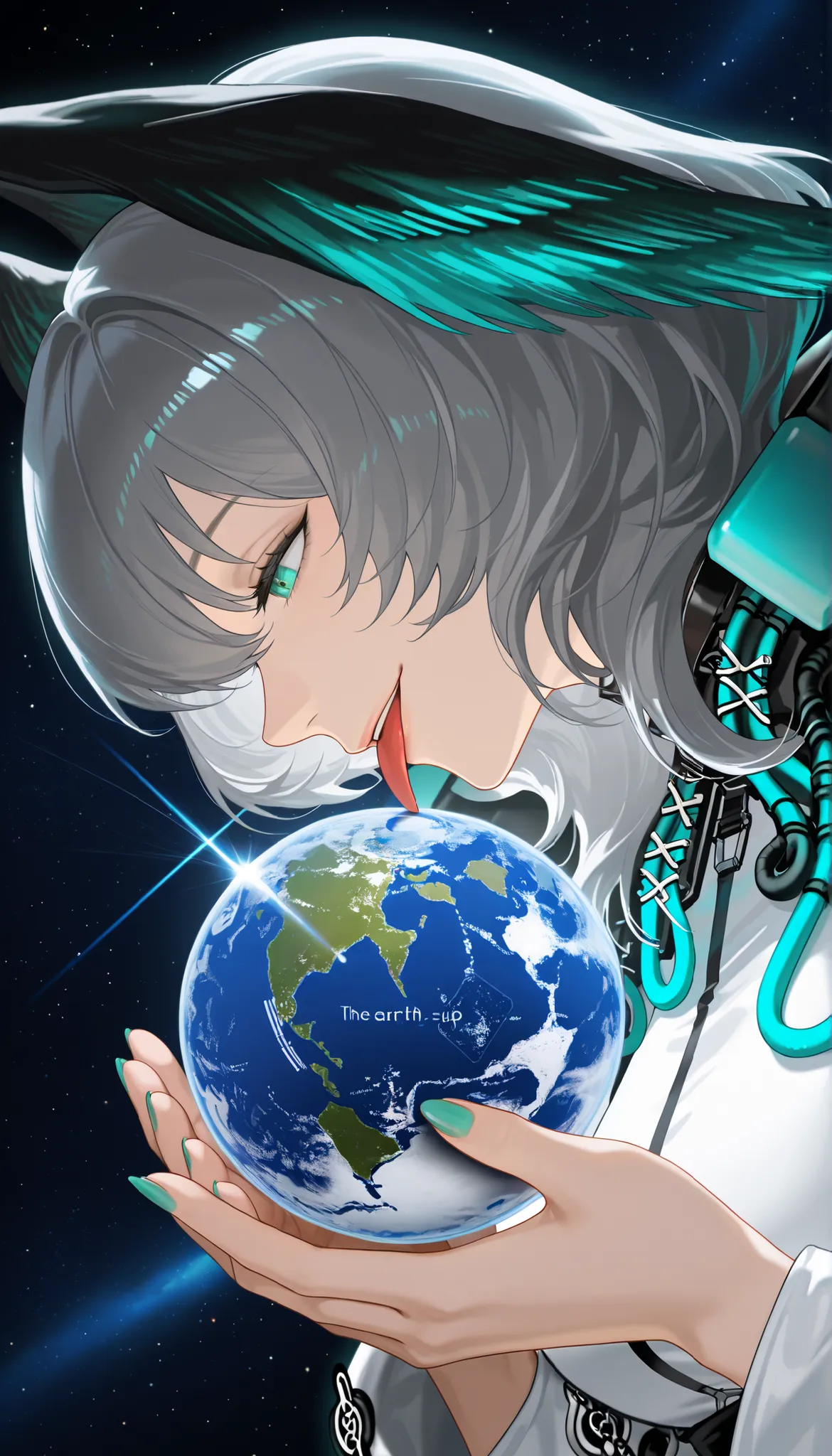 score_9_up, score_8_up, score_7_up, Ho'olheyak_arknights, giantess, Dressed Woman, Woman holding the globe in her hands, A woman bigger than the planet, A woman bigger than the universe, destroyed earth, smile, Space Background, The giant girl is in space,...