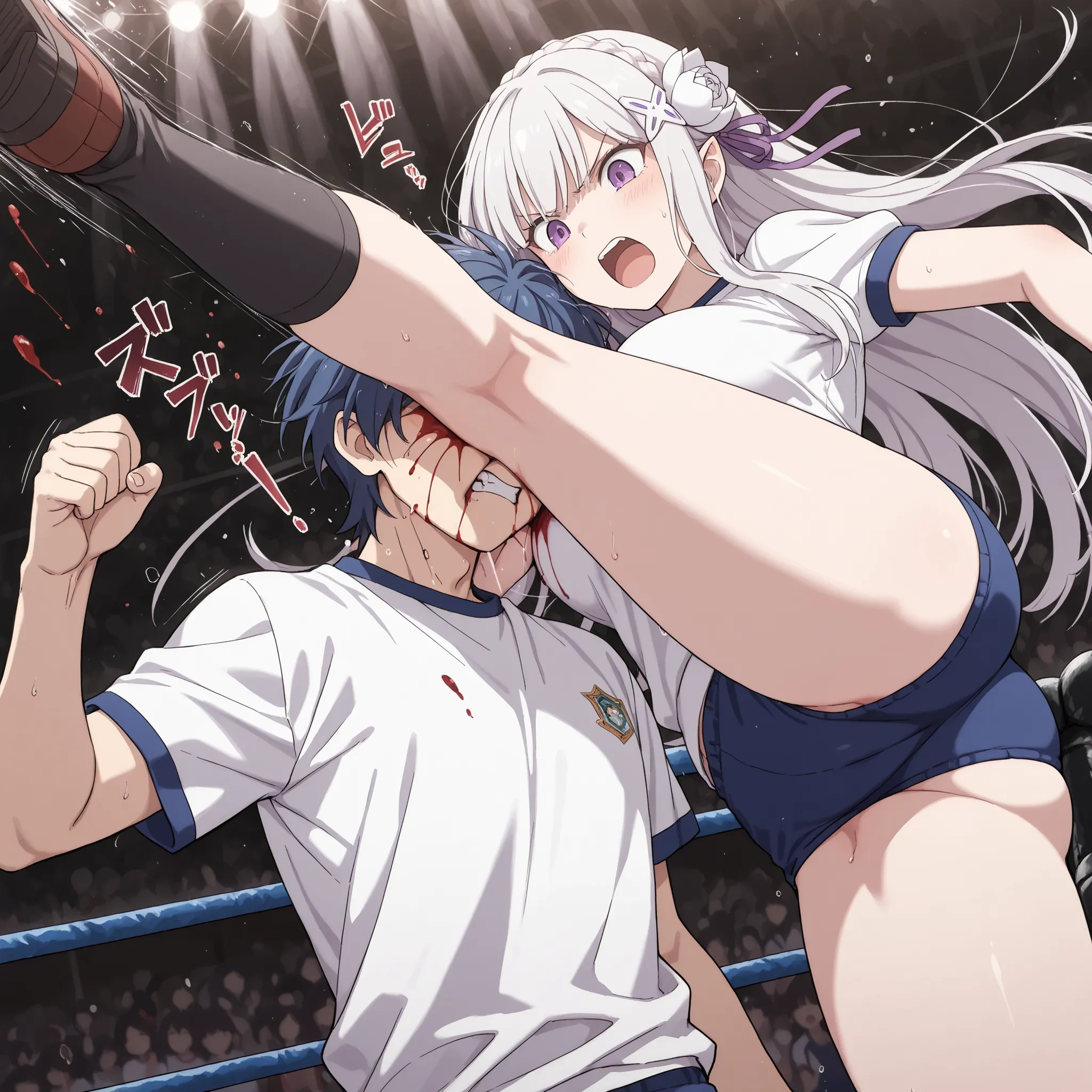 score_9, score_8_up, score_7_up, score_6_up, score_5_up, score_4_up,
1girl 1boy,emilia, braid, crown braid, flower, hair flower, hair ornament, hair ribbon, long hair, pointy ears, purple eyes, white hair, x hair ornament, large breasts,white T-shirt , sch...