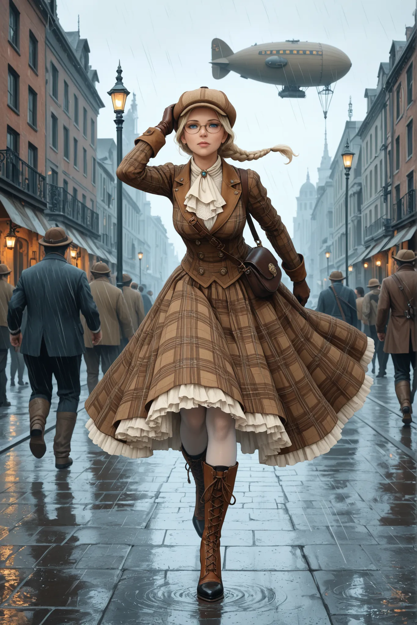 (vintage art, illustration, masterpiece), absurdres,best quality,amazing quality, steampunk, cityscape, rain, walkway, bridge, lamppost, solo fucus, young woman, mature, fair skin, blonde hair, single_braid, forehead, blue eyes, glasses, deerstalker hat, l...