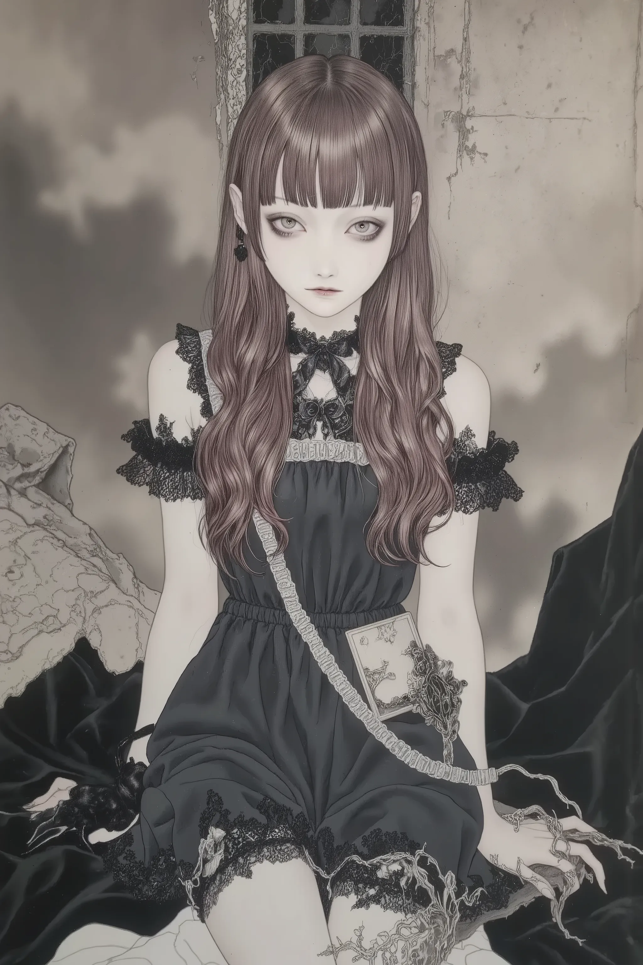 1girl,melancholic,depression, black dress,trim,pale skin,dramatic,