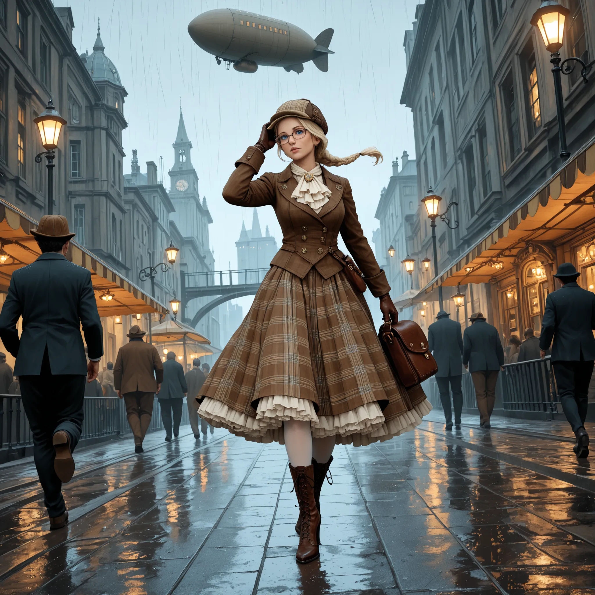 (vintage art, illustration, masterpiece), absurdres,best quality,amazing quality, steampunk, cityscape, rain, walkway, bridge, lamppost, solo focus, dutch angle, woman, mature, fair skin, blonde hair, single_braid, forehead, blue eyes, glasses, deerstalker...