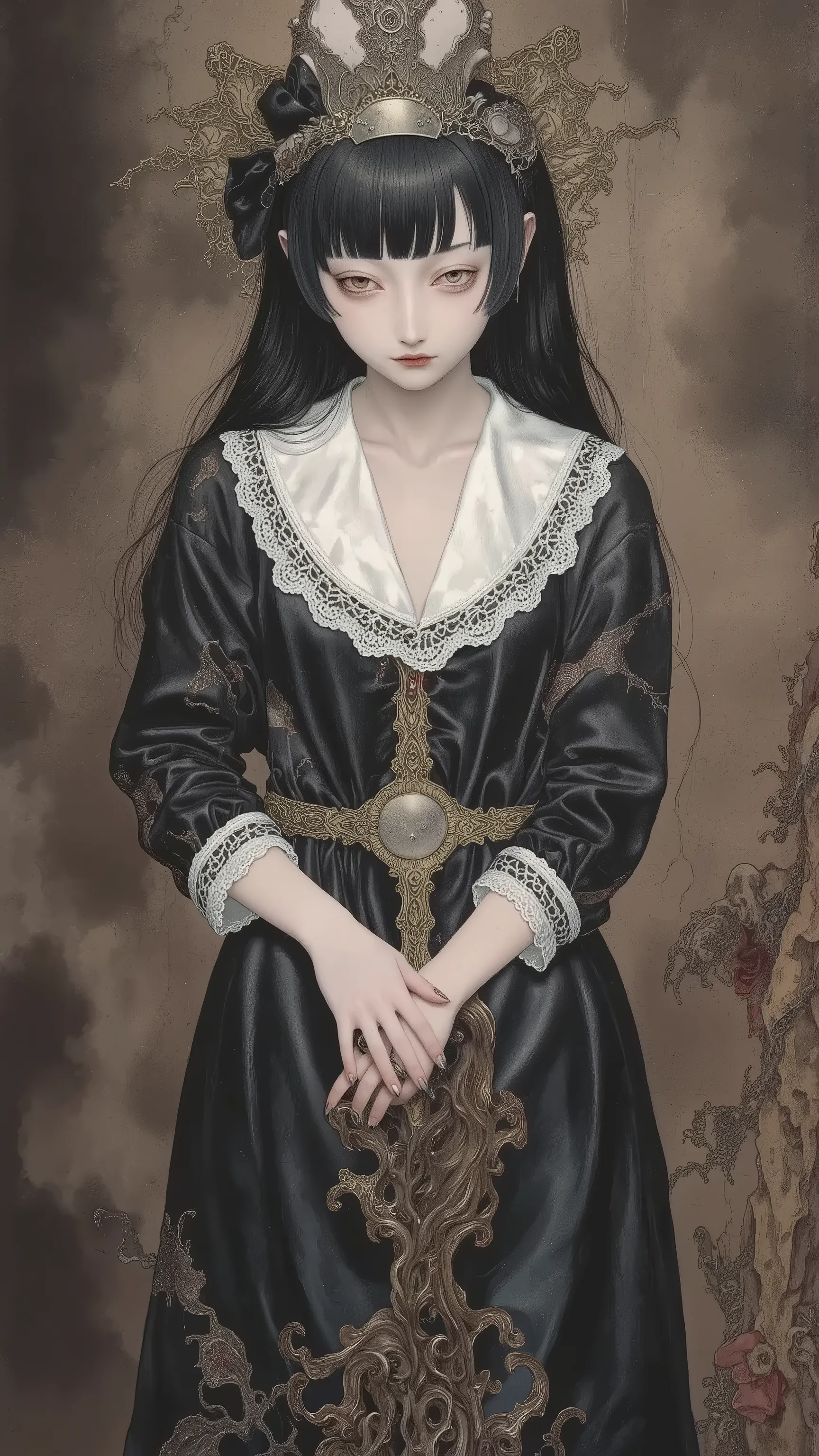 1girl,melancholic,depression, black dress,trim,pale skin,dramatic,