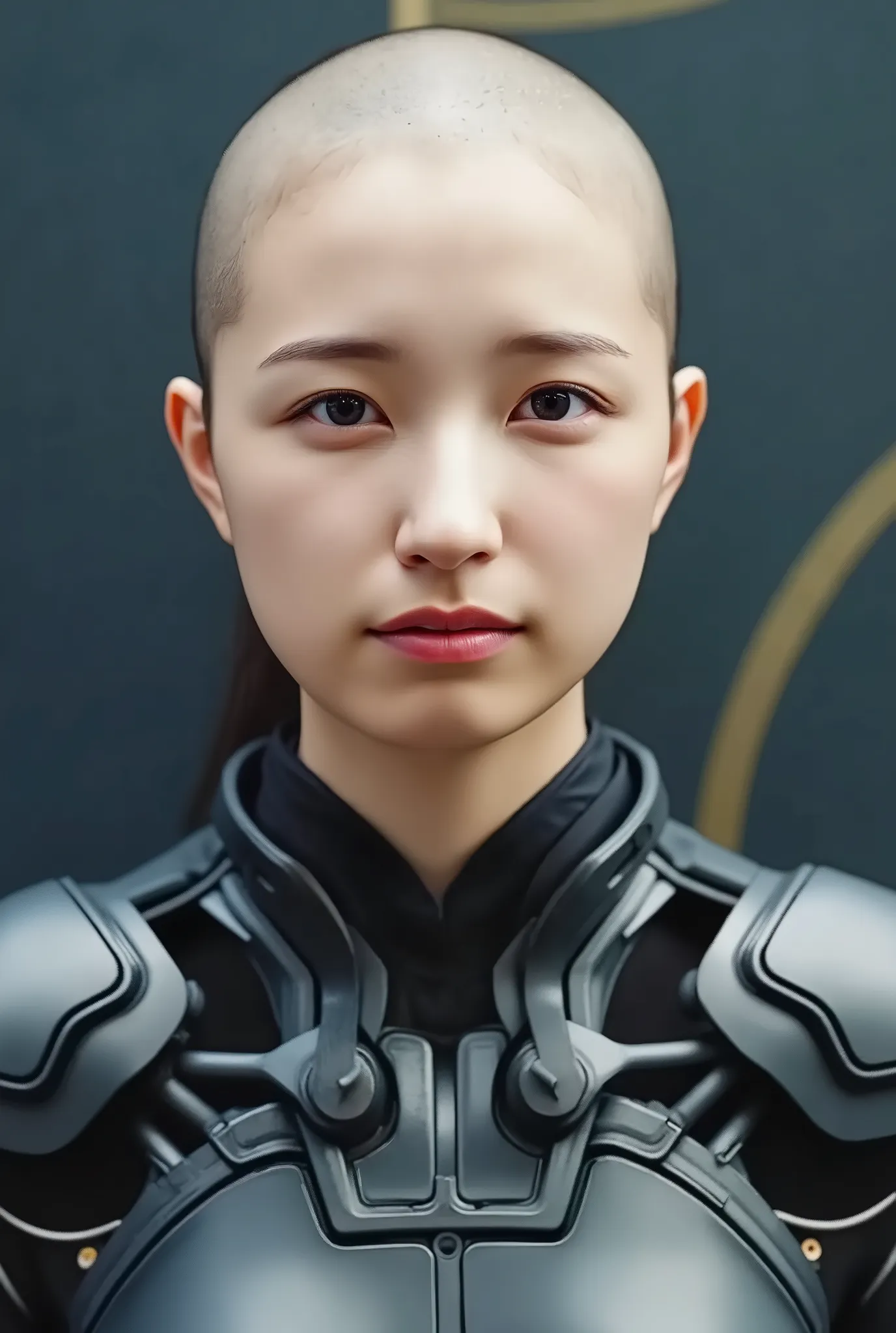 PLEASE, FRONTAL FACE, HEAD SHOT FRONTAL SYMMETRICALLY, HEAD BALD, PLEASE: AN Beautiful woman in exoskeleton, detailed face, realistic textured skin, perfect anatomy, black dark background, [ultra huge breasts woman:8], abstract, [muted colors: vivid colors...