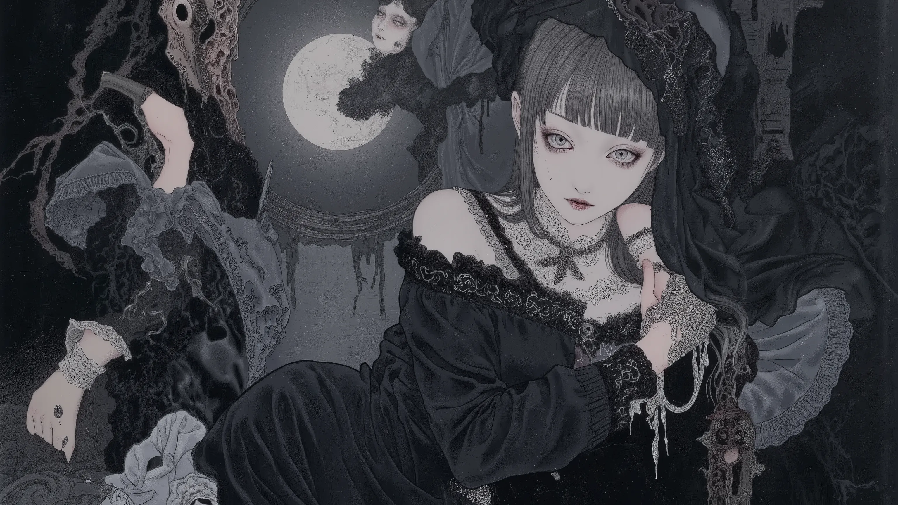 1girl,in coffin,melancholic,depression, black dress,trim,pale skin,dramatic,hypnotic