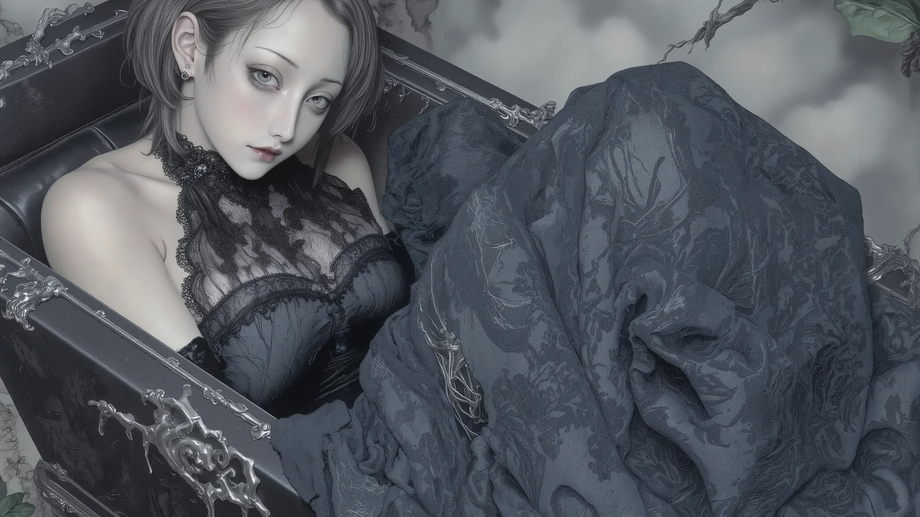 1girl,in coffin,melancholic,depression, black dress,trim,pale skin,dramatic,hypnotic