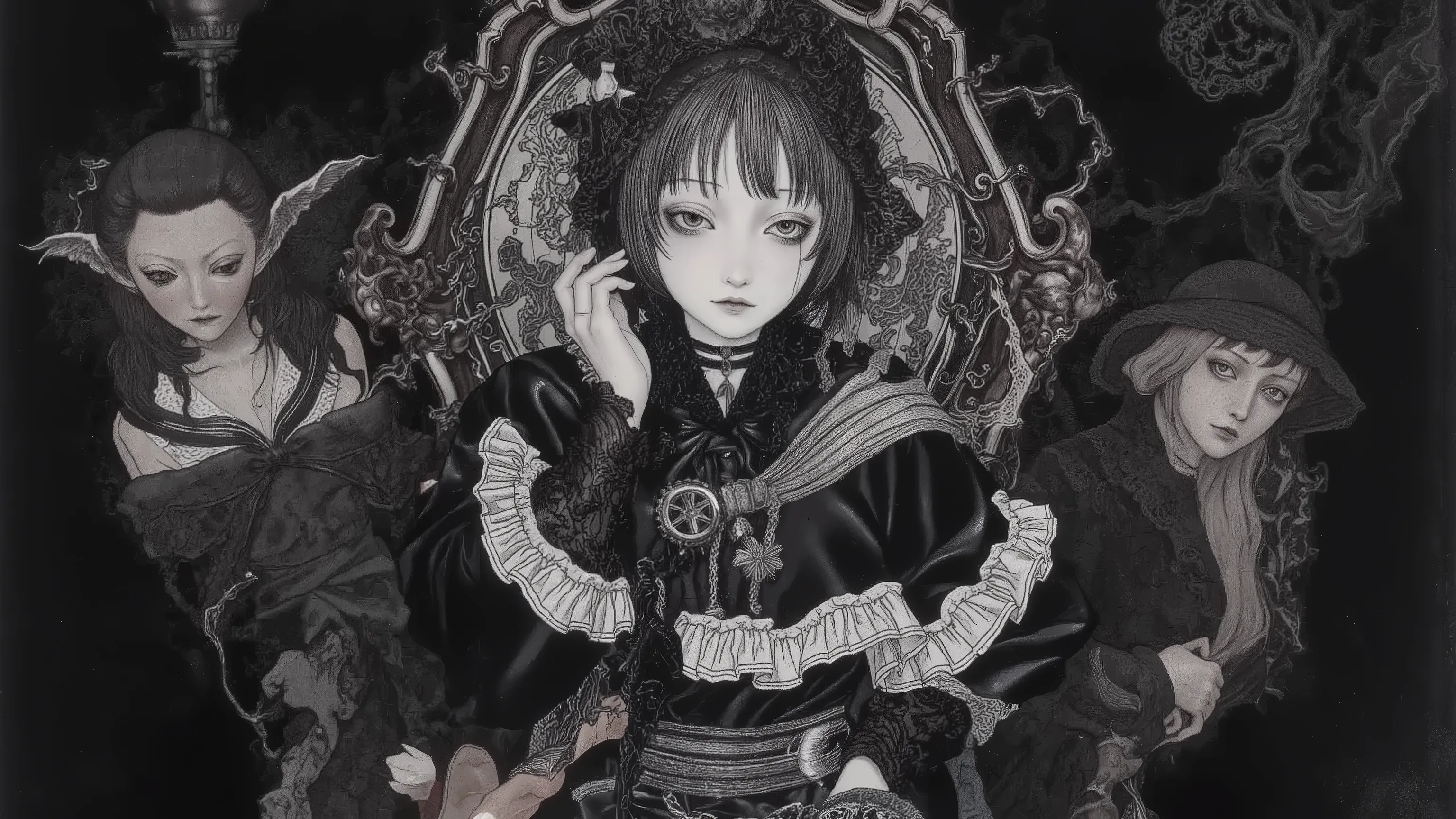 1girl,in coffin,melancholic,depression, black dress,trim,pale skin,dramatic,hypnotic