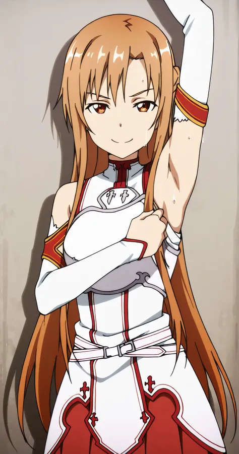 masterpiece, best quality, amazing quality, anime screencap, anime coloring, 1girl, solo, Yuuki Asuna, Yuuki Asuna SAO costume, White Armor, White breastplate, White isolated sleeve, (character), long hair, detached sleeves, bare shoulders, bare arms, arm ...