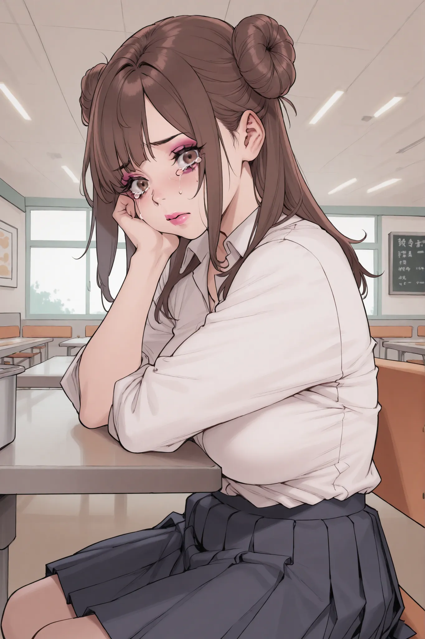 1 girl, medium brown hair in loose bun, side bangs, voluptuous, sagging, white shirt, black pleated skirt, cafeteria, sitting, pink lips, tears, smudged makeup