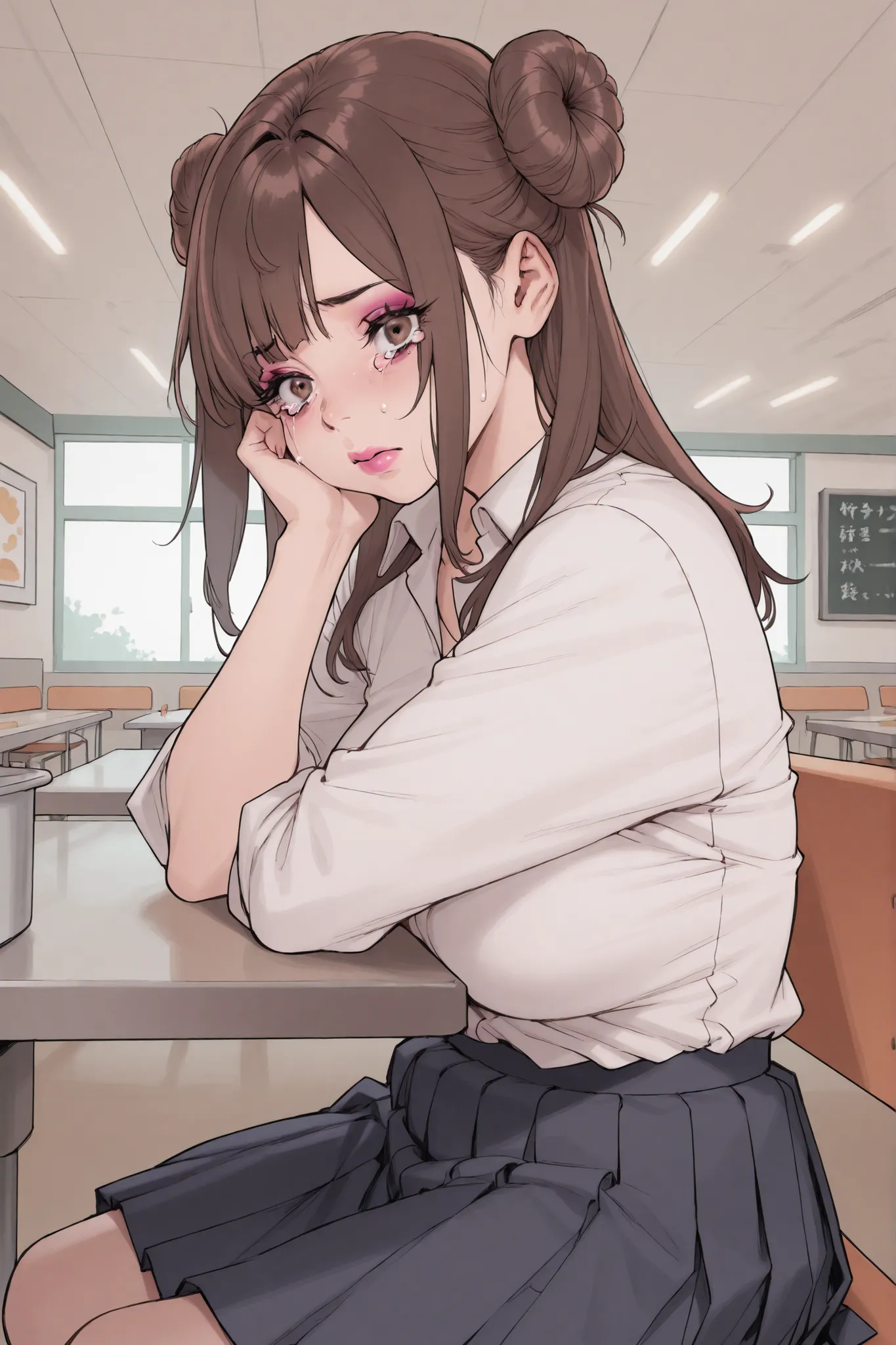 1 girl, medium brown hair in loose bun, side bangs, voluptuous, sagging, white shirt, black pleated skirt, cafeteria, sitting, pink lips, tears, smudged makeup