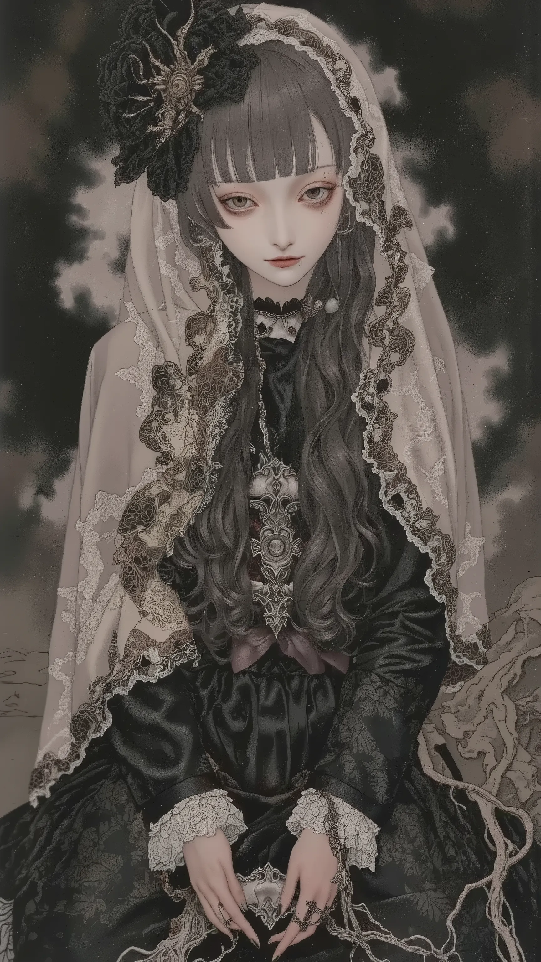 1girl,doll-like,melancholic,depression,black veil, black dress,trim,pale skin,dramatic,