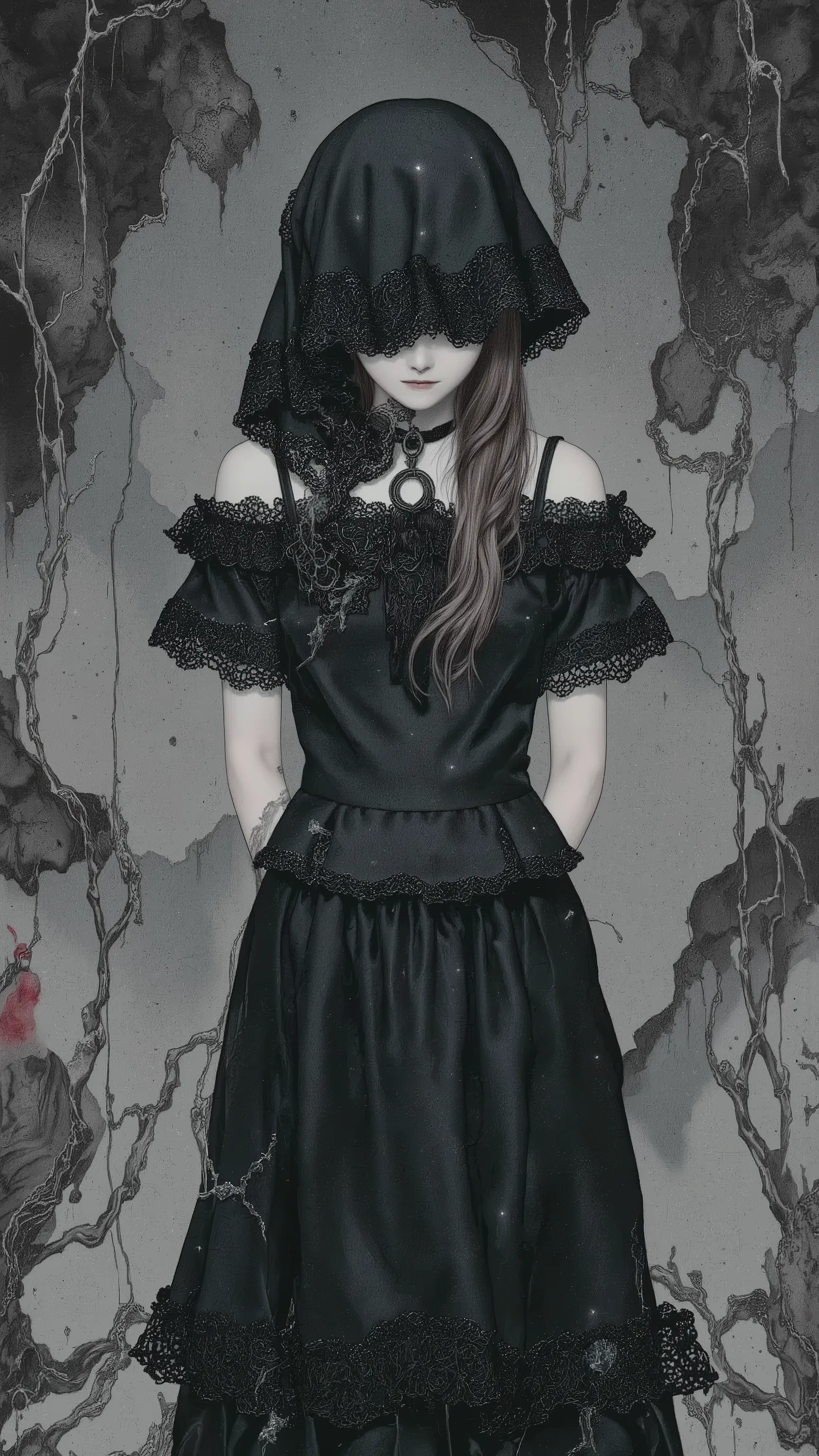 1girl,doll-like,melancholic,depression,black veil, black dress,trim,pale skin,dramatic,