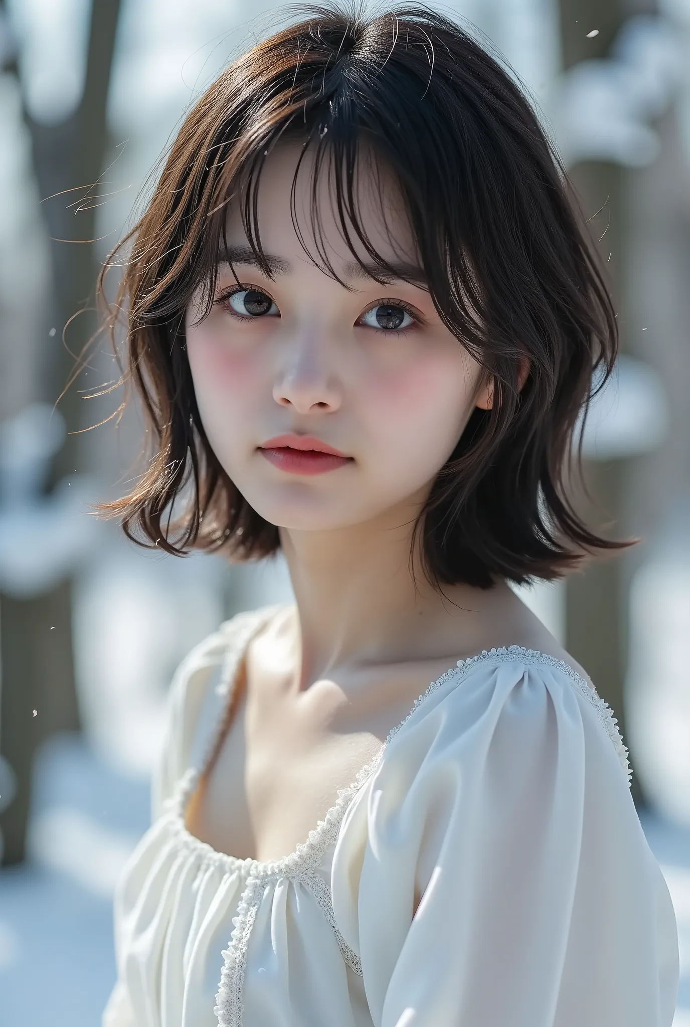 Detailed portrait of the upper body of a young woman wearing a neat white dress, Her short dark hair adds tenderness to the look, and the gentle light creates a gentle winter vibe, outdoor scenery, Blurry trees々々And gentle light creates a gentle summer, 