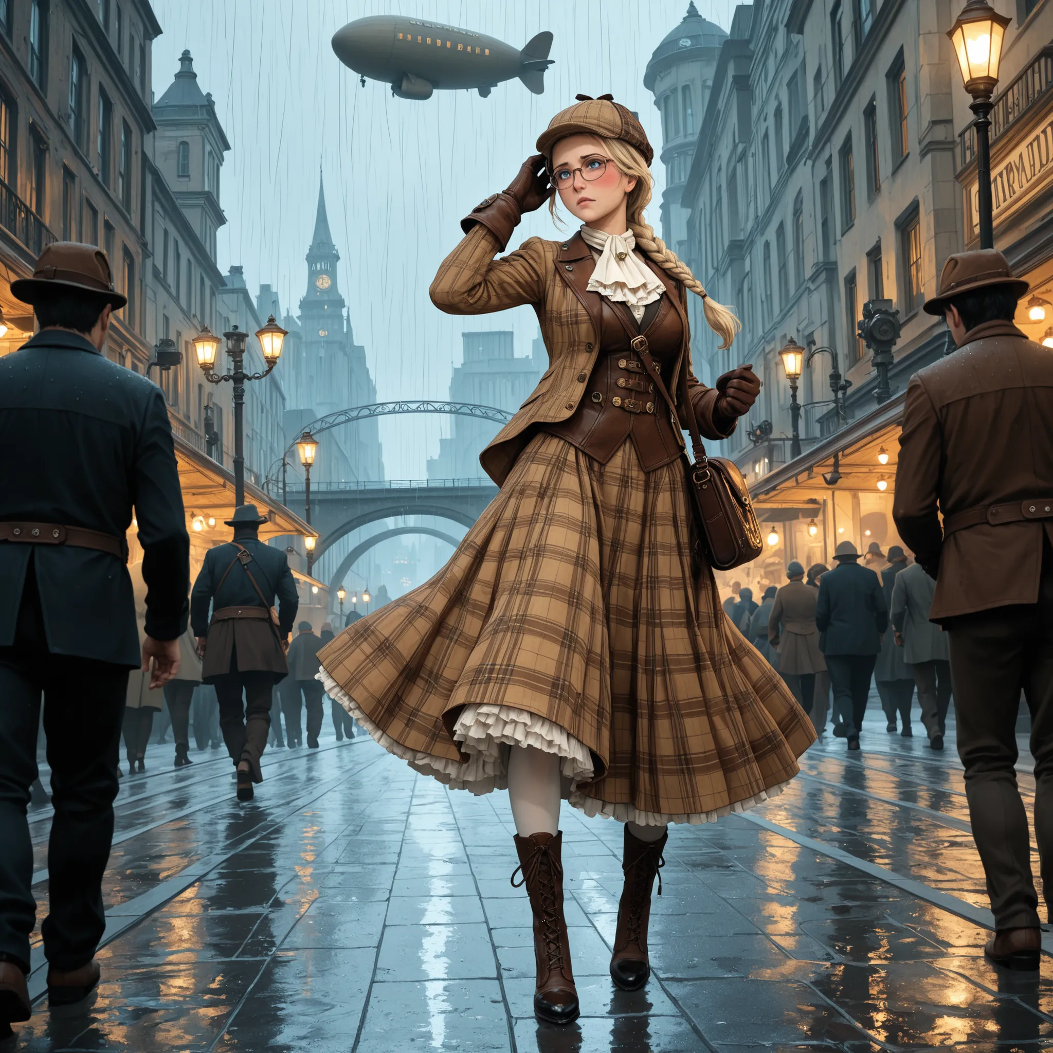 (vintage art, illustration, masterpiece), absurdres,best quality,amazing quality, steampunk, cityscape, rain, walkway, bridge, lamppost, solo focus, dutch angle, woman, mature, fair skin, blonde hair, single_braid, forehead, blue eyes, wide eyes, embarrass...