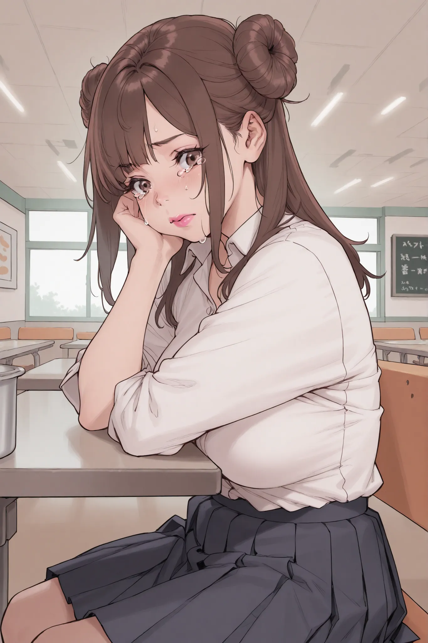 1 girl, medium brown hair in loose bun, side bangs, voluptuous, sagging, white shirt, black pleated skirt, cafeteria, sitting, pink lips, tears