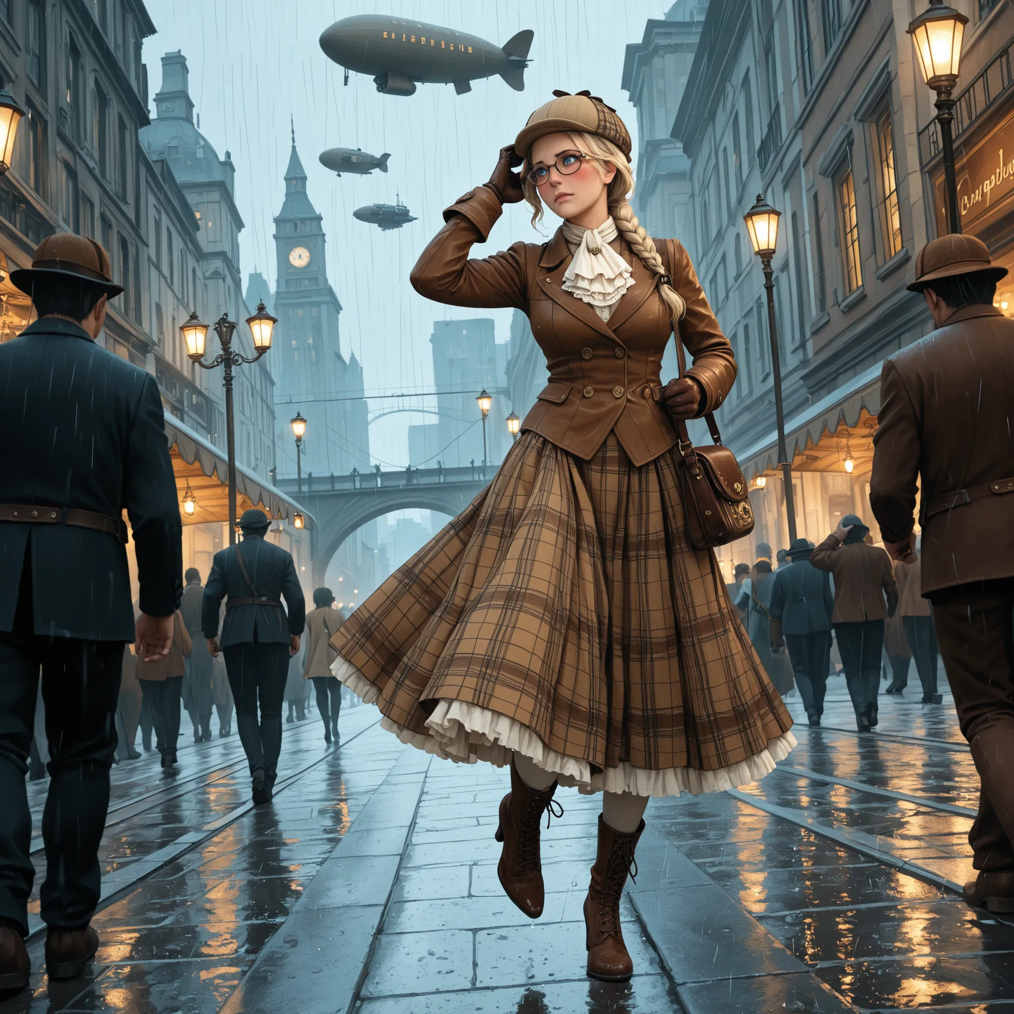 (vintage art, illustration, masterpiece), absurdres,best quality,amazing quality, steampunk, cityscape, rain, walkway, bridge, lamppost, solo focus, dutch angle, woman, mature, fair skin, blonde hair, single_braid, forehead, blue eyes, wide eyes, embarrass...