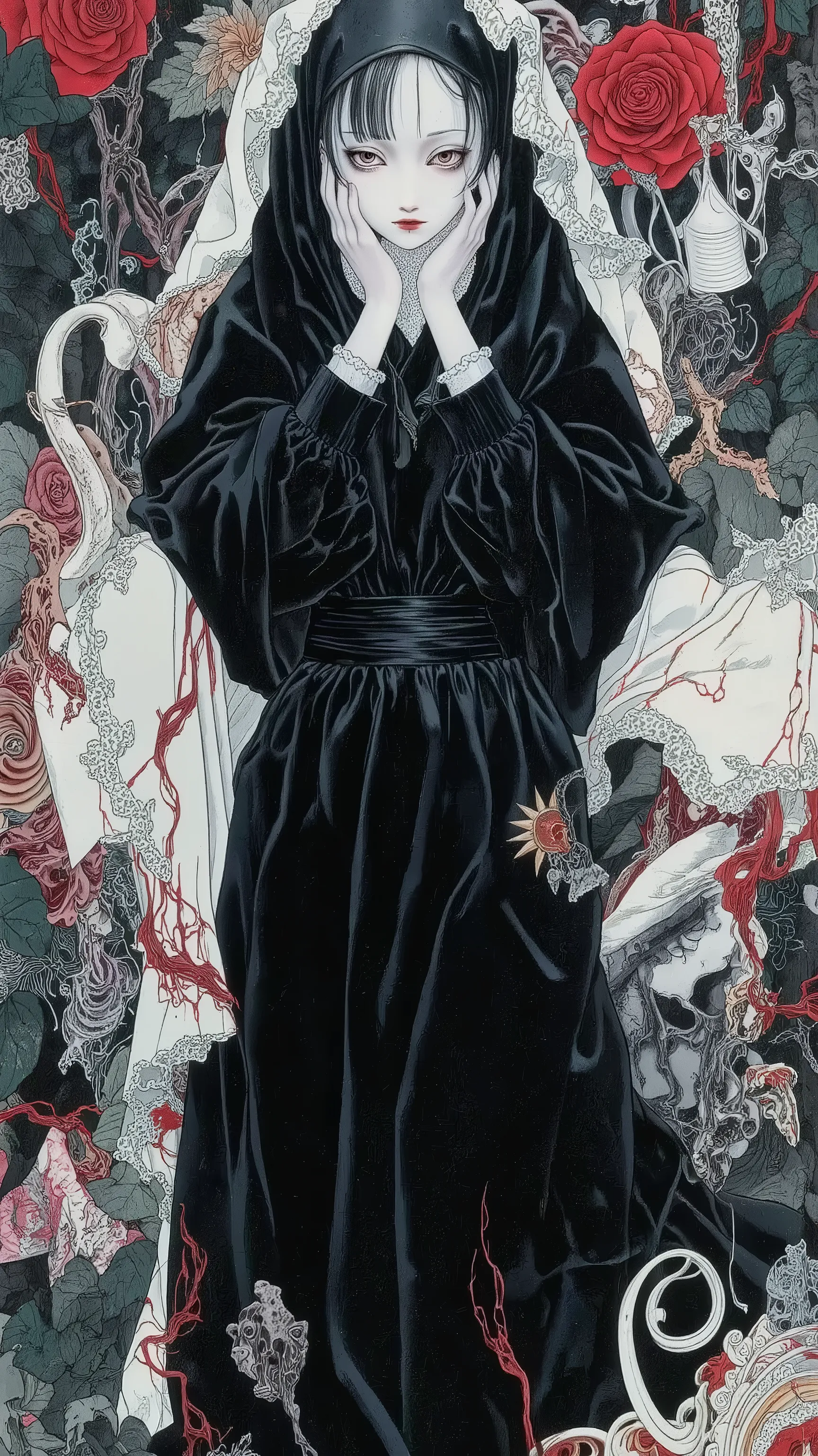 1girl,wearing nun costume,doll-like,melancholic,depression,black veil, black dress,pale skin,dramatic,vivid color,horror and beautifull,
