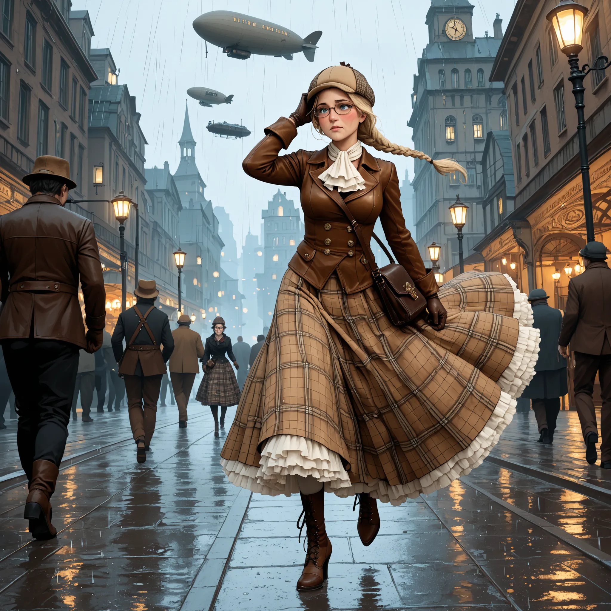 (vintage art, illustration, masterpiece), absurdres,best quality,amazing quality, steampunk, cityscape, rain, walkway, bridge, lamppost, solo focus, dutch angle, woman, mature, fair skin, blonde hair, single_braid, forehead, blue eyes, wide eyes, embarrass...
