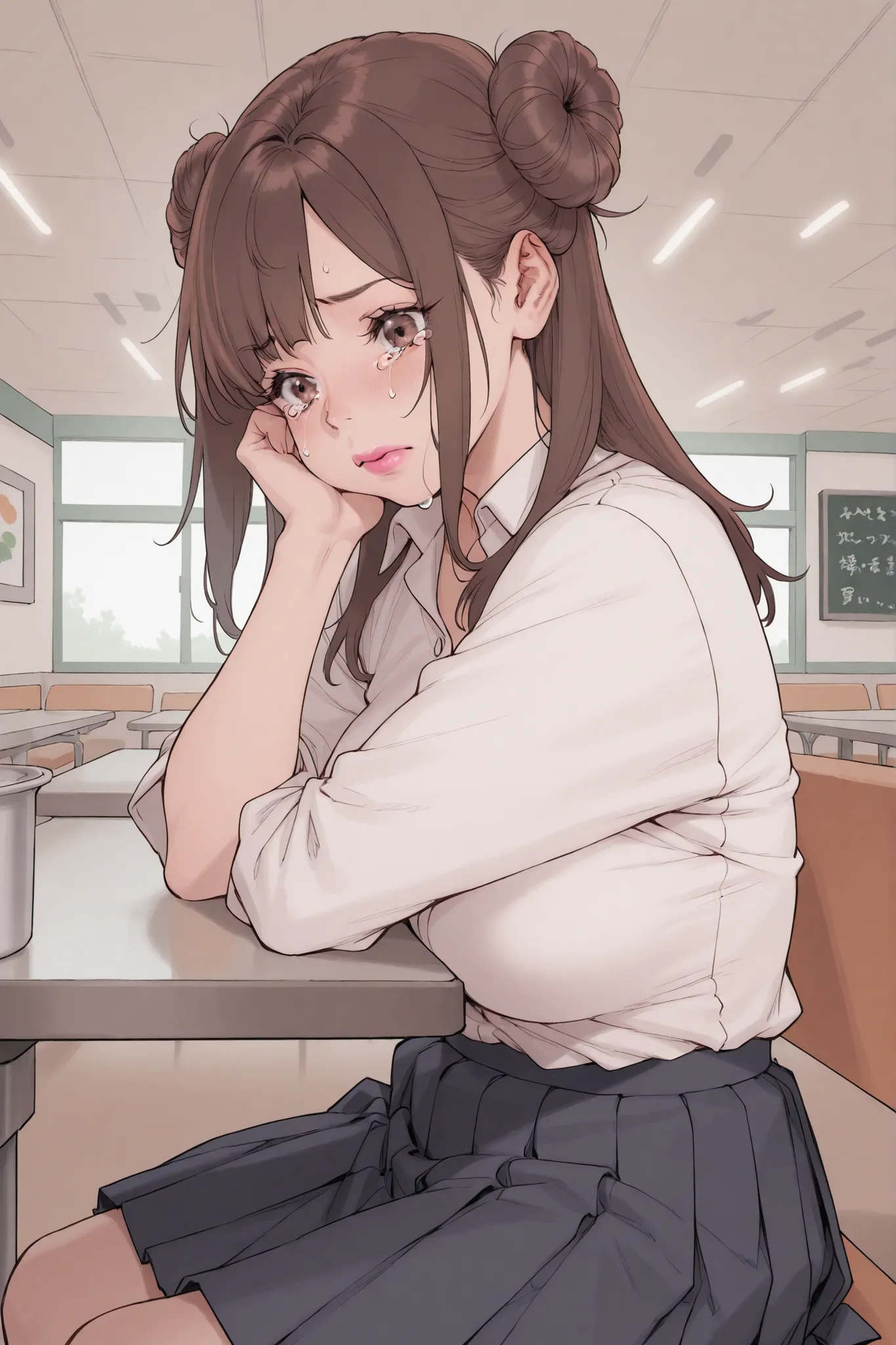 1 girl, medium brown hair in loose bun, side bangs, voluptuous, sagging, white shirt, black pleated skirt, cafeteria, sitting, pink lips, tears