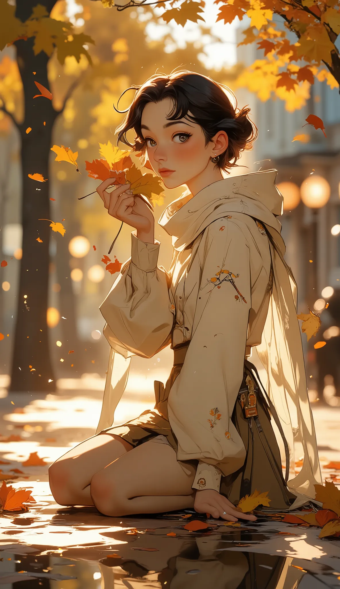8 k, masterpiece, high quality, low angle. A short square, pale skin, closed eyes, serene expression. cream sweater, beige skirt, white scarf. on his knees, holding a leaf, head tilted upwards. autumn leaves, shot via iPhone, include iPhone camera UI ele...