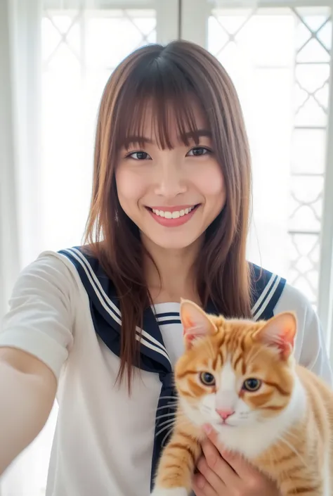 Create a photo collection featuring a beautiful Japanese idol girl with fair skin. She has long straight hair styled in a ponytail with bangs. Dressed in a sailor uniform, she is in a bright white room with white lattice windows and sheer white curtains, f...