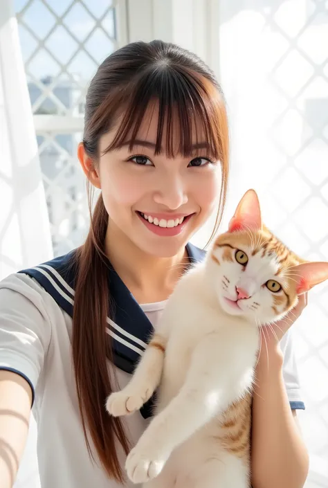 Create a photo collection featuring a beautiful Japanese idol girl with fair skin. She has long straight hair styled in a ponytail with bangs. Dressed in a sailor uniform, she is in a bright white room with white lattice windows and sheer white curtains, f...
