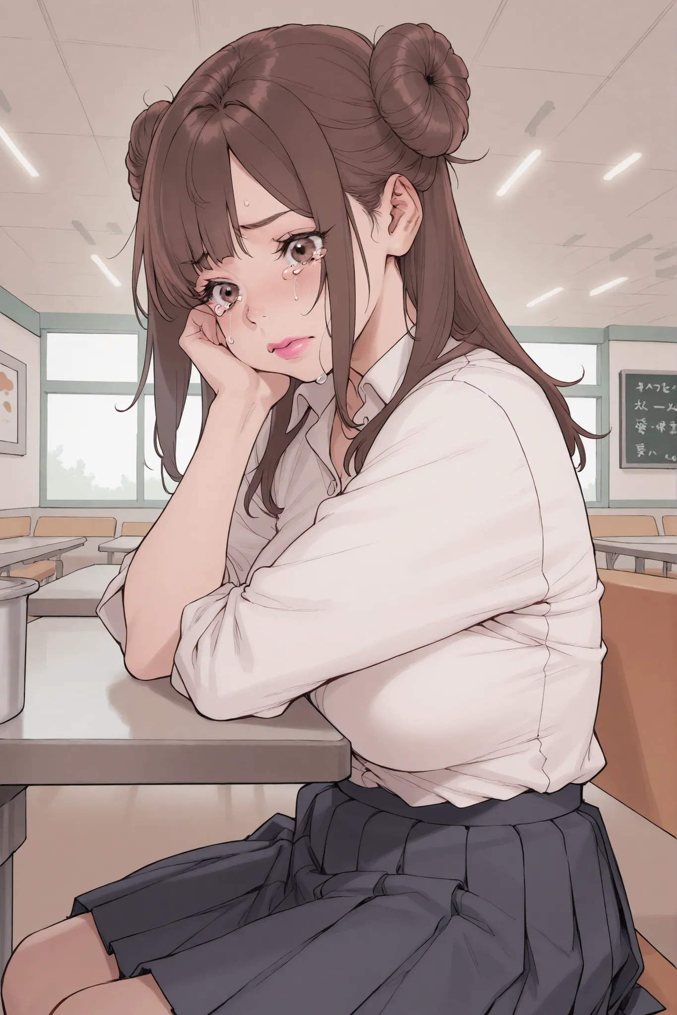 1 girl, medium brown hair in loose bun, side bangs, voluptuous, sagging, white shirt, black pleated skirt, cafeteria, sitting, pink lips, tears