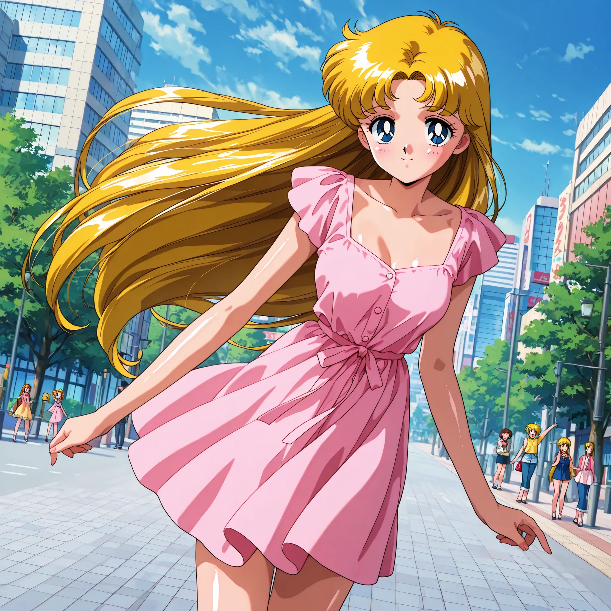 masterpiece,best quality,amazing quality, clear skin, ultra-detailed-eyes, soft skin, very awa, very as2, shiny skin, shiny hair, soft body, 1990's style, official art, usagi tsukino, blonde hair, blue eyes, loose hair, long hair, parted bangs, casual dres...
