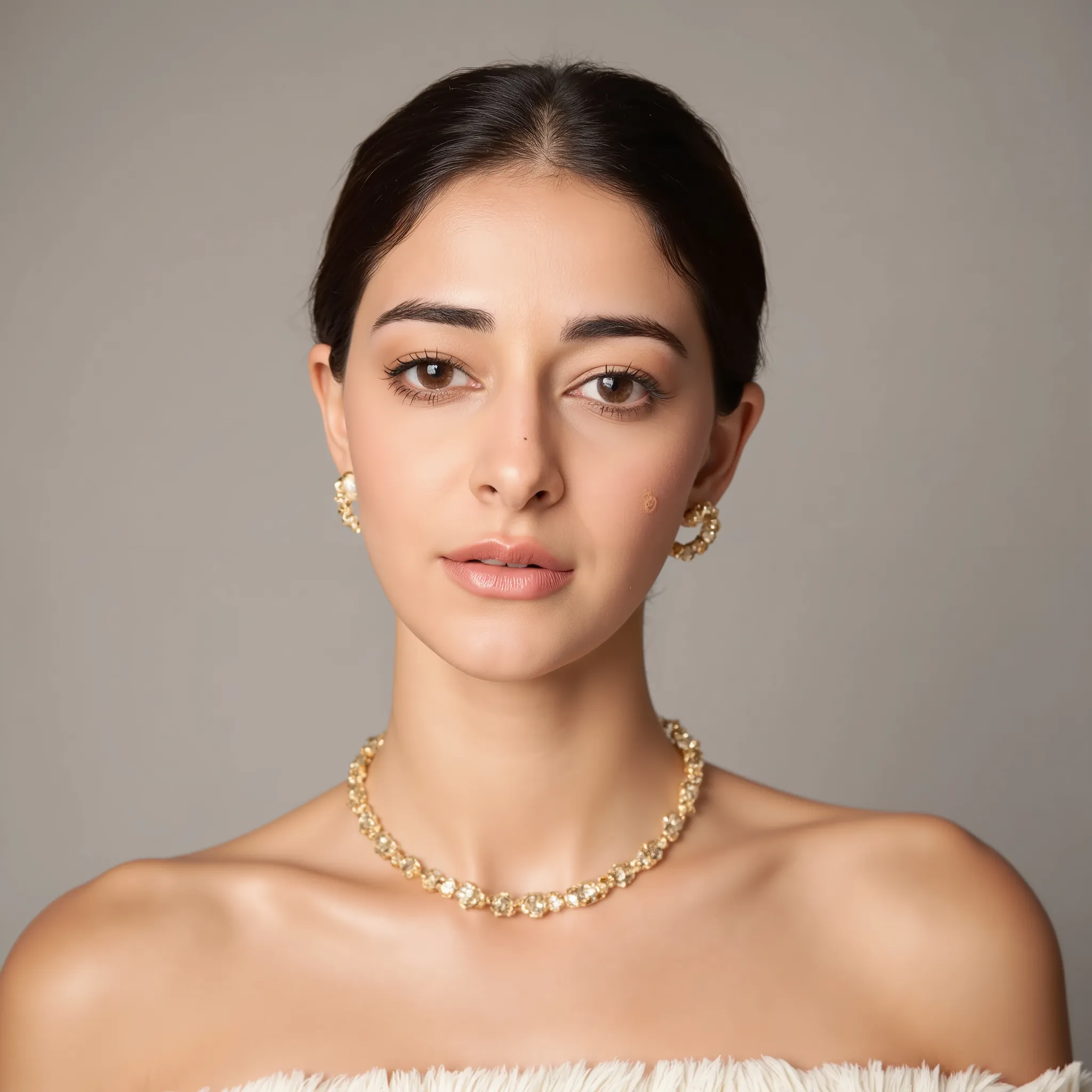 photograph of  indian woman, fair skin, close-up, centered, head and shoulders, facing to the camera, looking directly at the camera with no expression, neutral background, studio lighting, smooth skin, fair complexion, dark brown hair, hair pulled back, w...