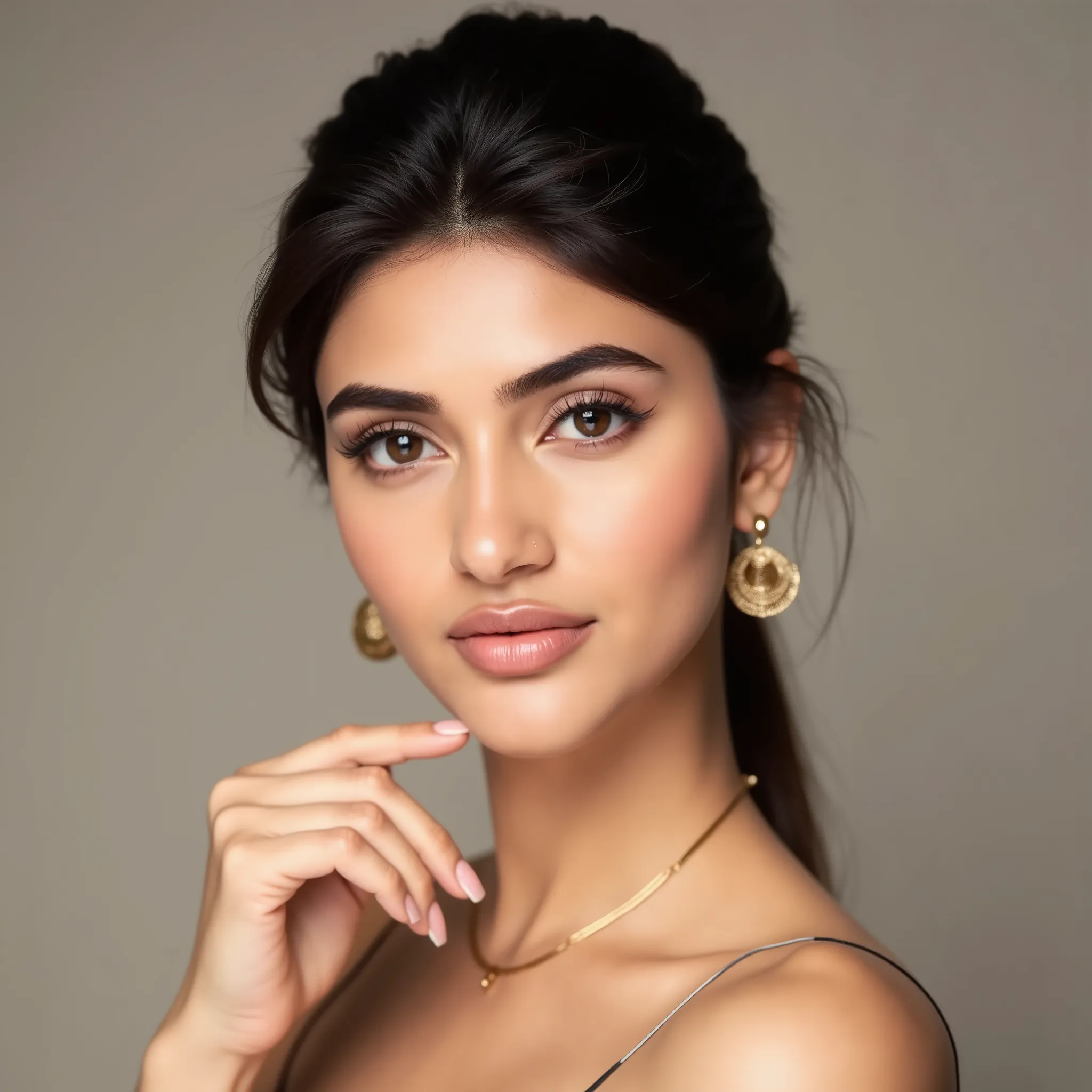 photograph of  indian woman, fair skin, close-up, centered, head and shoulders, facing to the camera, looking directly at the camera with no expression, neutral background, studio lighting, smooth skin, fair complexion, dark brown hair, hair pulled back, w...