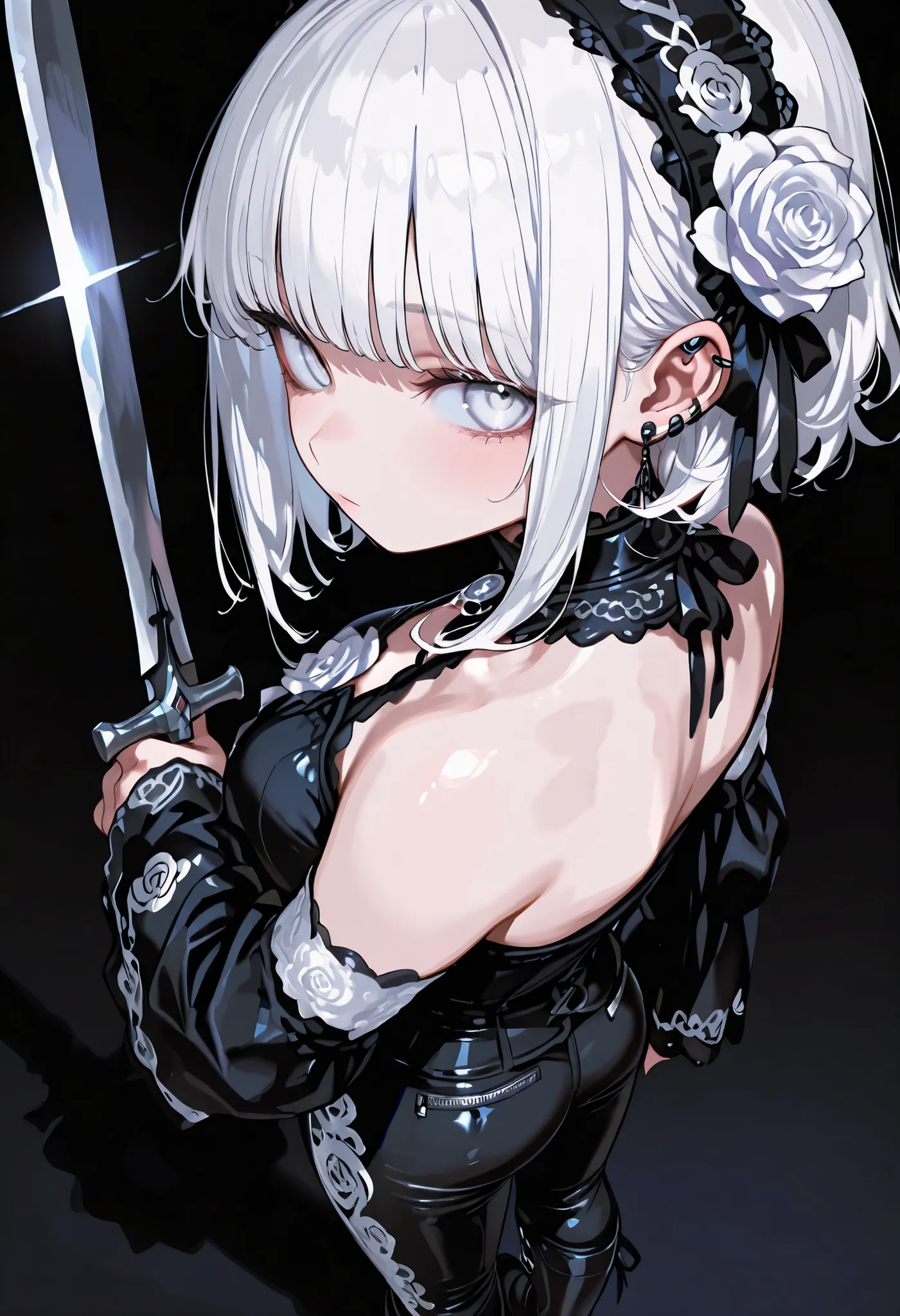 1 girl, , standing, segmented blade, Fair skin, Cropped White Lace Gothic Top, piercing, Beautifully Detailed White Eyes, Long Thick White Hair, princess cut,Looking back at the viewer, Thighs, leather mesh gothic white rose print pants, Long Glamorous B...