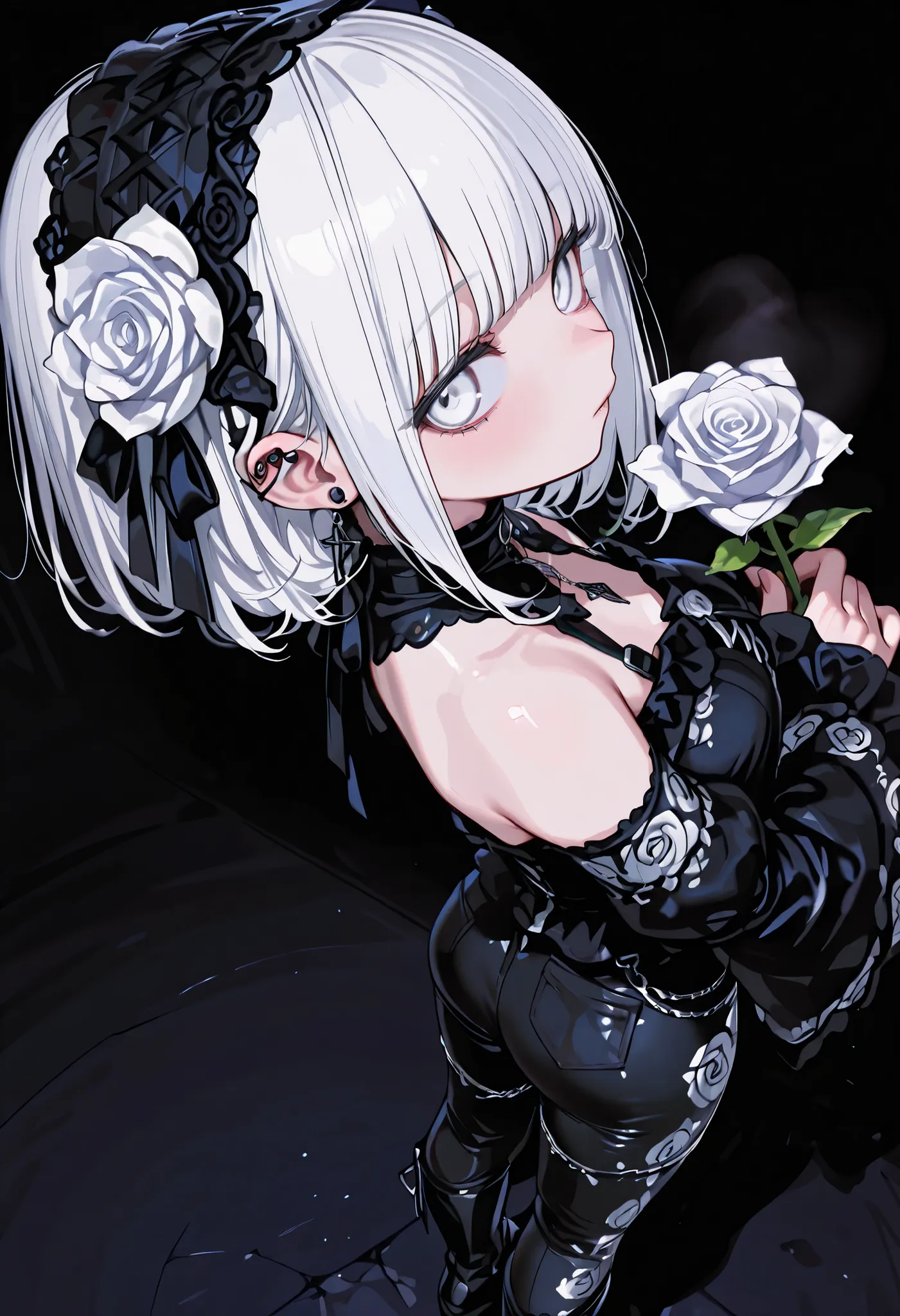 1 girl, , standing, segmented blade, Fair skin, Cropped White Lace Gothic Top, piercing, Beautifully Detailed White Eyes, Long Thick White Hair, princess cut,Looking back at the viewer, Thighs, leather mesh gothic white rose print pants, Long Glamorous B...