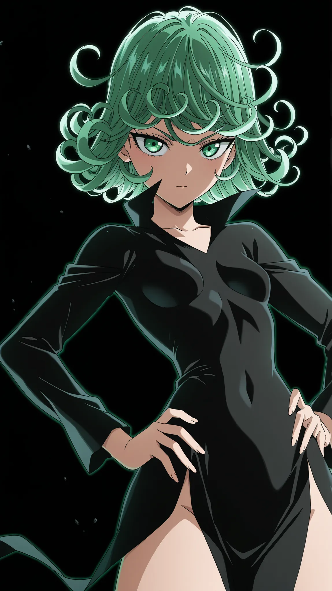 black background, simple background, highly detailed, anime coloring, (masterpiece), (best quality), (ultra-detailed), (anime screencap), (anime keyvisual), 1girl, solo, tatsumaki, short hair, curly hair, small breasts, long sleeves, black dress, hands on...
