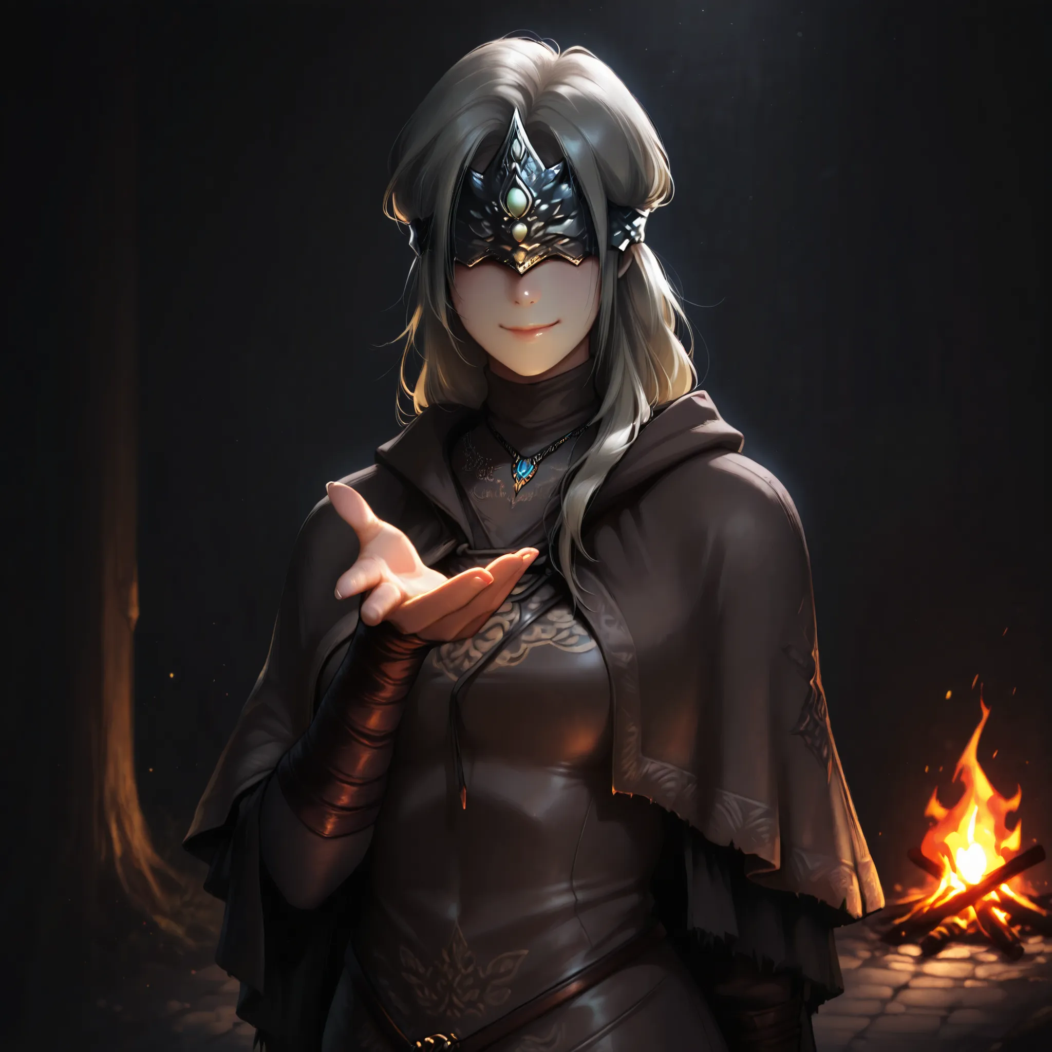 masterpiece,best quality,amazing quality, absurdres,  firekeeper_Dark_Souls_3, firekeeperill, standing, clothing, eyewear, smiling, offering her hand to viewer, a bonfire behind her