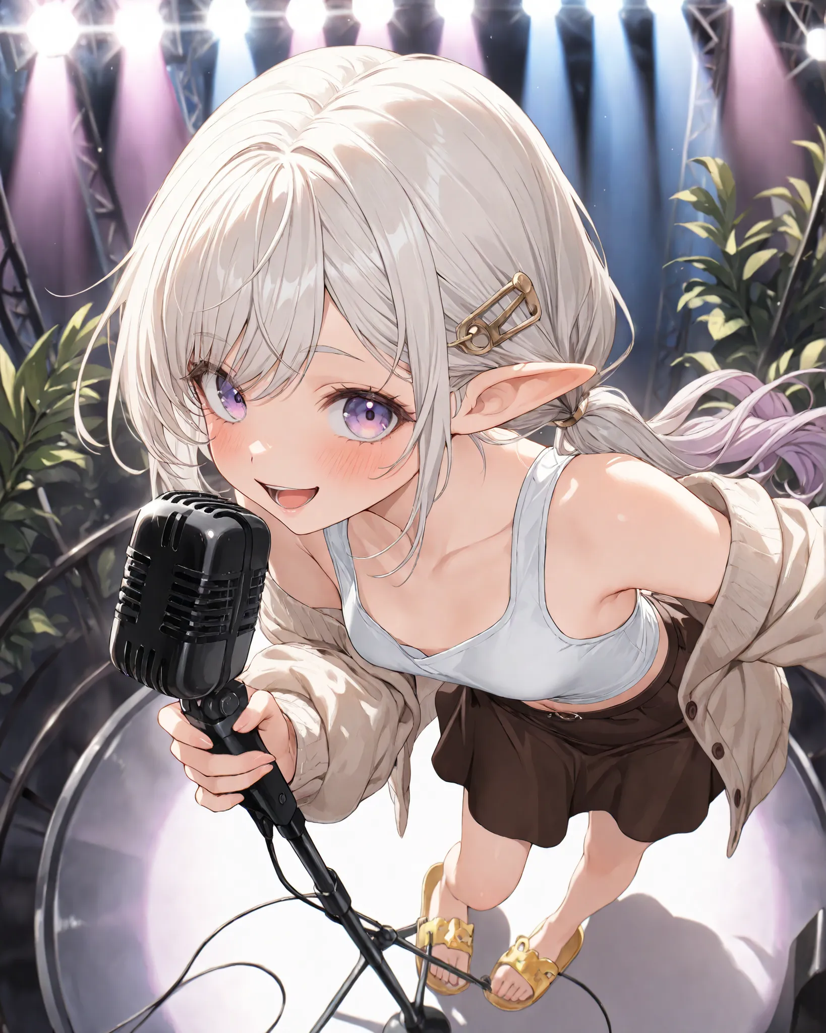 ((Masterpiece)), ((best quality, very aesthetic, absurdres, newest)), (fisheye, from above, profile), (8K), (cinematic lighting), ((1girl)), (cute young girl), (Healthy body, Textured skin, small breast, tilt head), elf ears, Glossy unruly hair, (platinum-...