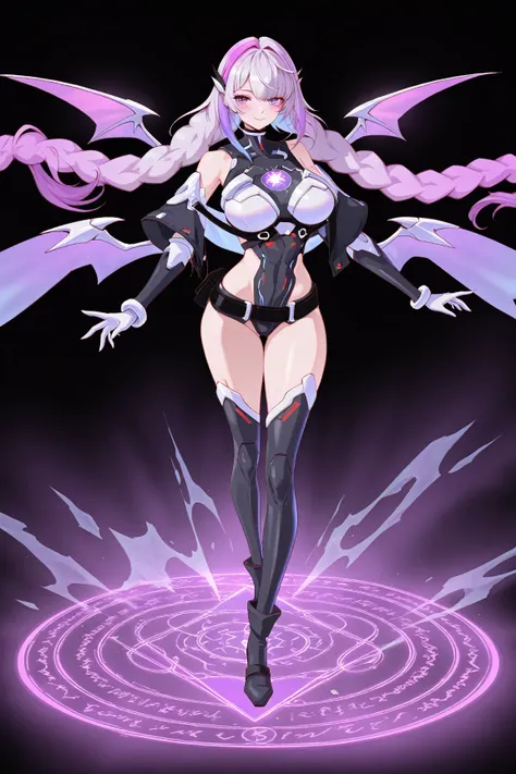 (incredible high resolution, masterpiece, highest quality, highly detailed, CG, high quality anime drawing), green light, (wall of text: 0.7), (simple background), (green background: 0.6), magic circle with green text on the ground, one beautiful and seductive woman, solo, (incredible high resolution, masterpiece, highest quality, highly detailed, CG, high quality anime drawing), (Cryptic Girl), (cyberpunk-style leotard costume), (gradient purple hair, long hair, purple eyes, half-open droopy eyes, shadowed face, glossy lips, large breasts, very beautiful and detailed face, devil's wings), (seductive smile, blush, hot breath, standing on magic circle, very beautiful and detailed face), (super beautiful and detailed background, sexy cutout, random perspective, closed face, focus on face,)