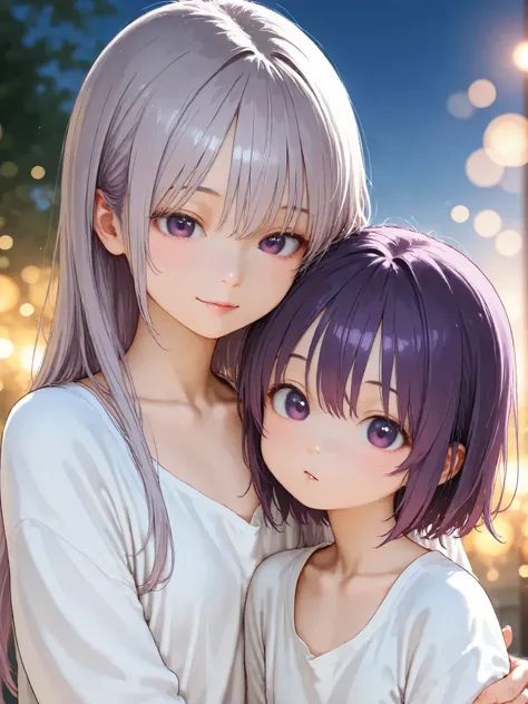 short girl, 2 girls,is young, flat chested,realisticな外観, big purple eyes, Two-tone purple hair and gray hair、white shirt、stroke their heads、Outdoors、細部にこだわったrealisticな影、movie stills, High Quality, realistic, 4K rendering, ultra-fine texture, PROFESSIONAL ,...