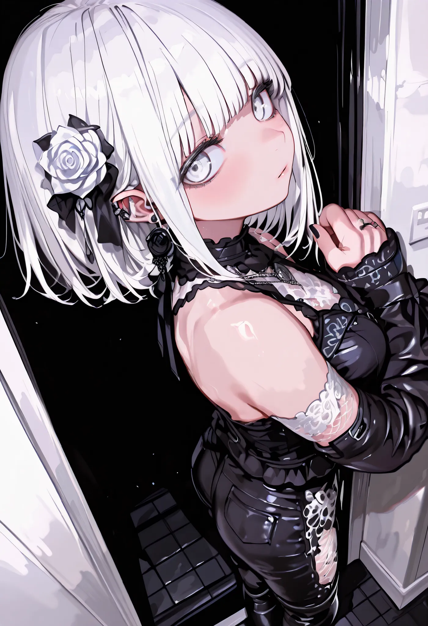 1 girl, , standing, segmented blade, Fair skin, Cropped White Lace Gothic Top, piercing, Beautifully Detailed White Eyes, Long Thick White Hair, princess cut,Looking back at the viewer, Thighs, leather mesh gothic white rose print pants, Long Glamorous B...