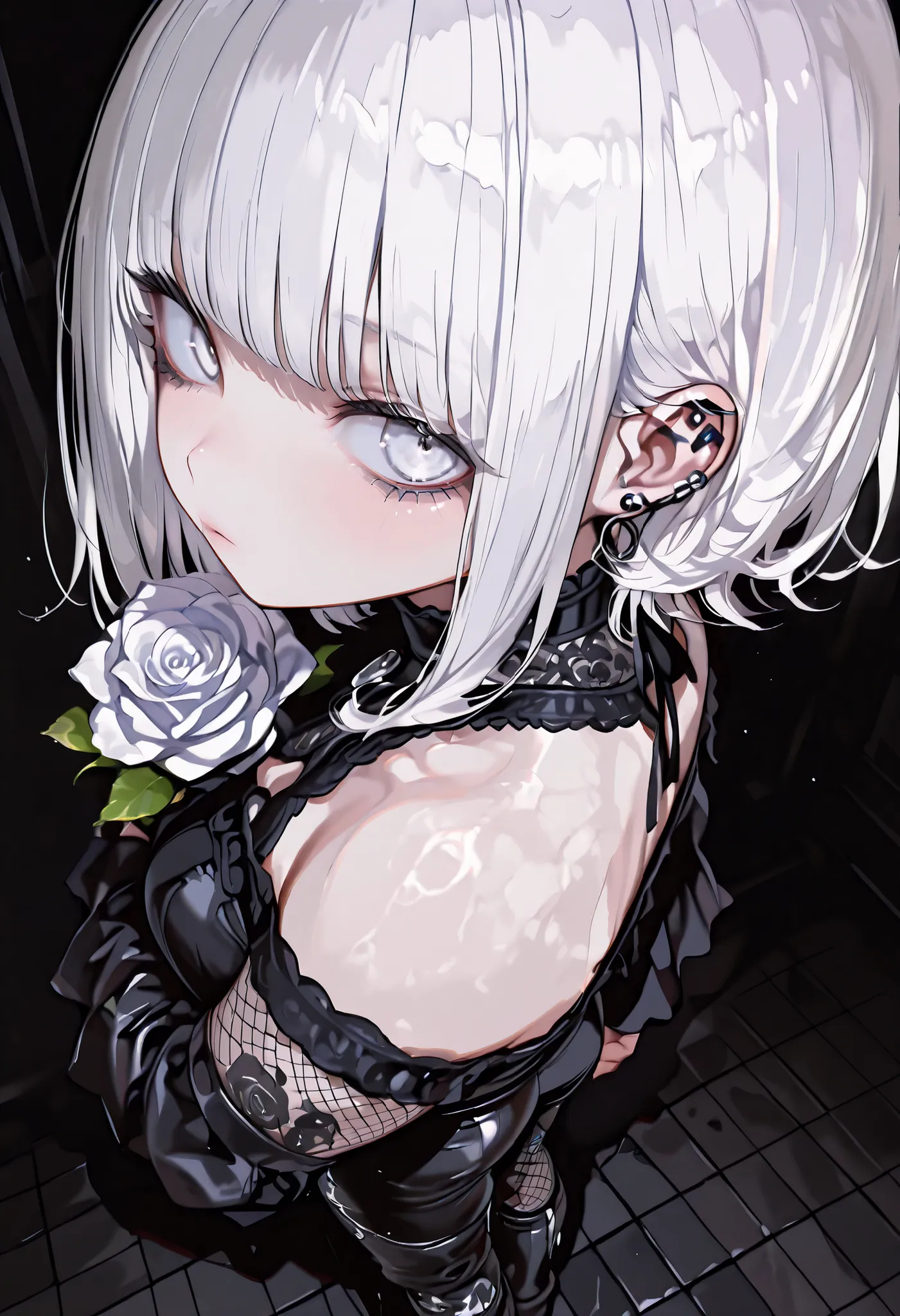 1 girl, , standing, segmented blade, Fair skin, Cropped White Lace Gothic Top, piercing, Beautifully Detailed White Eyes, Long Thick White Hair, princess cut,Looking back at the viewer, Thighs, leather mesh gothic white rose print pants, Long Glamorous B...