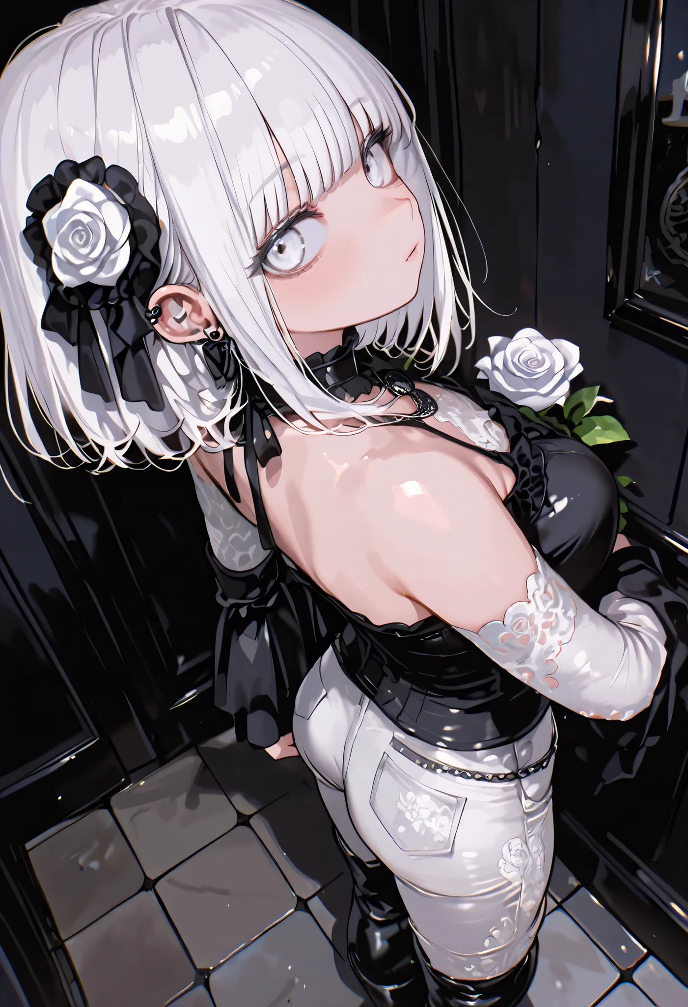 1 girl, , standing, segmented blade, Fair skin, Cropped White Lace Gothic Top, piercing, Beautifully Detailed White Eyes, Long Thick White Hair, princess cut,Looking back at the viewer, Thighs, leather mesh gothic white rose print pants, Long Glamorous B...