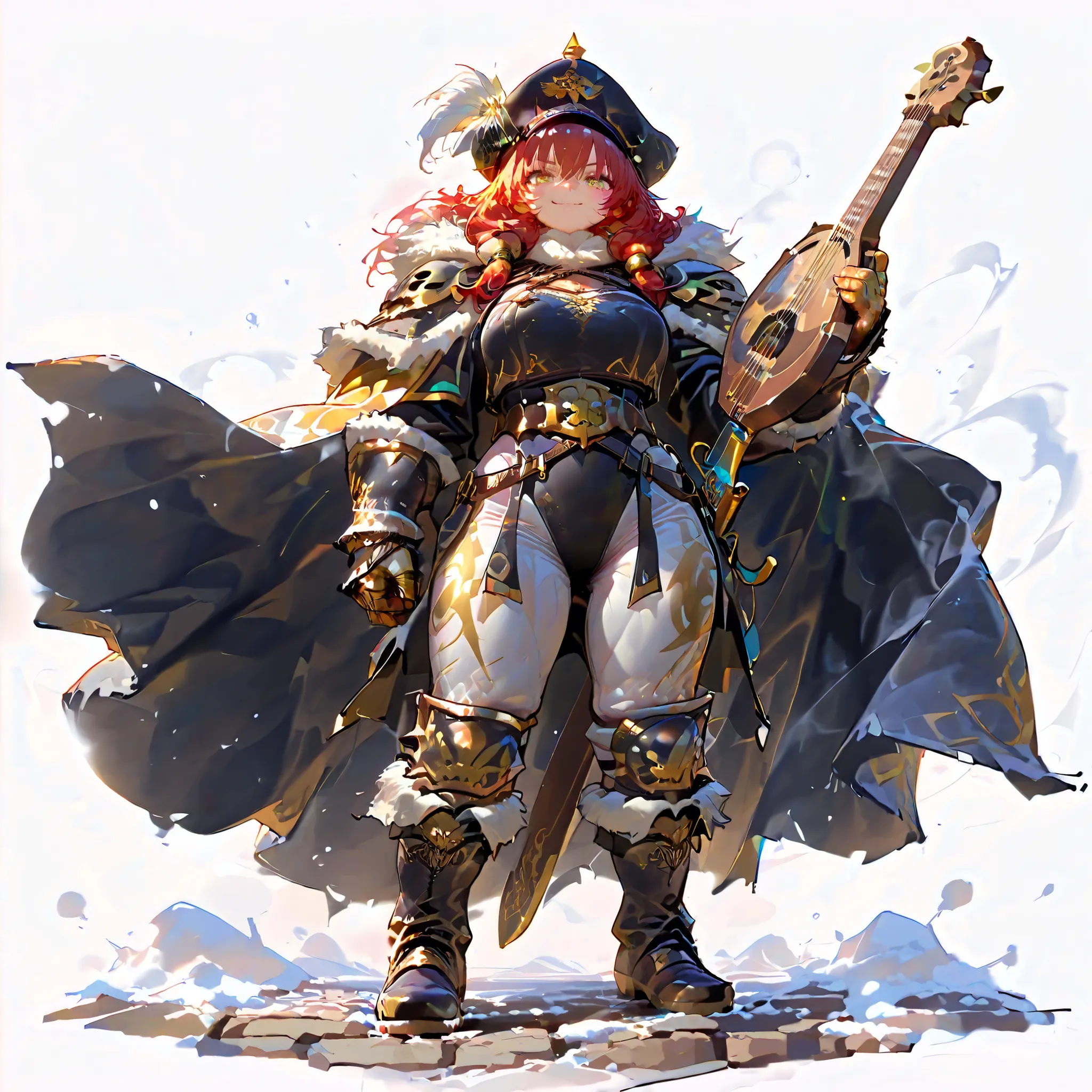 (((masterpiece))), (((Best Quality))), ((Ultra-detailed)), (High Definition anime Illustration), ((extremely delicate and beautiful)),solo, Full body, Dwarf bard lady, short figure, snow-white shaggy hair and gold eyes, copper skin,((stylish cloak and wres...